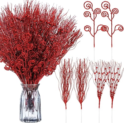 Tigeen 48 piezas de tallos de bayas rizadas con purpurina artificial de 17 pulgadas, 12 pulgadas, adornos falsos para dulces de Navidad, ramas