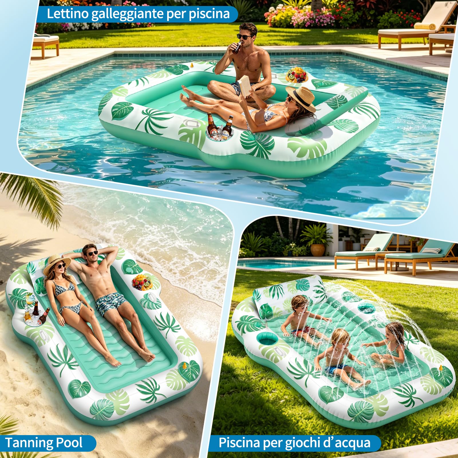 JONRRYIN Materassino Gonfiabile Mare Adulti 2 Persone, Tanning Pool 225×190 cm, Materassino Piscina con Funzione Spruzzo e 2 Portabicchieri, Poltrona Gonfiabile Piscina Relax per Mare