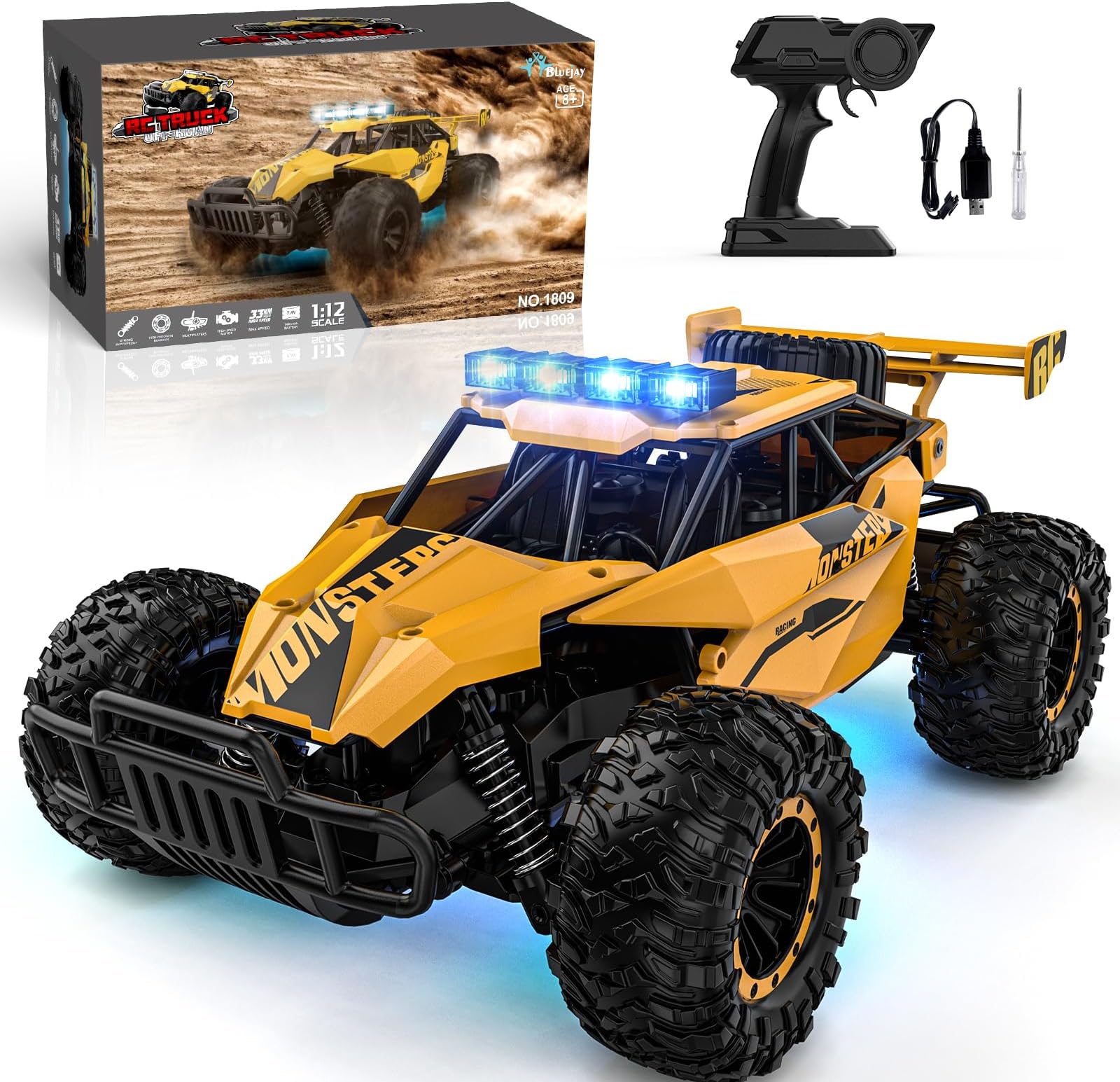 Bluejay Remote Control Car, RC Car, Double-Sided 360 Rotating Flip 4WD 2.4GHz Stunt Car with Headlights, Rechargeable Batteries, Electric Racing Toy Car for Boys/Girls, Birthday/Xmas - Orange