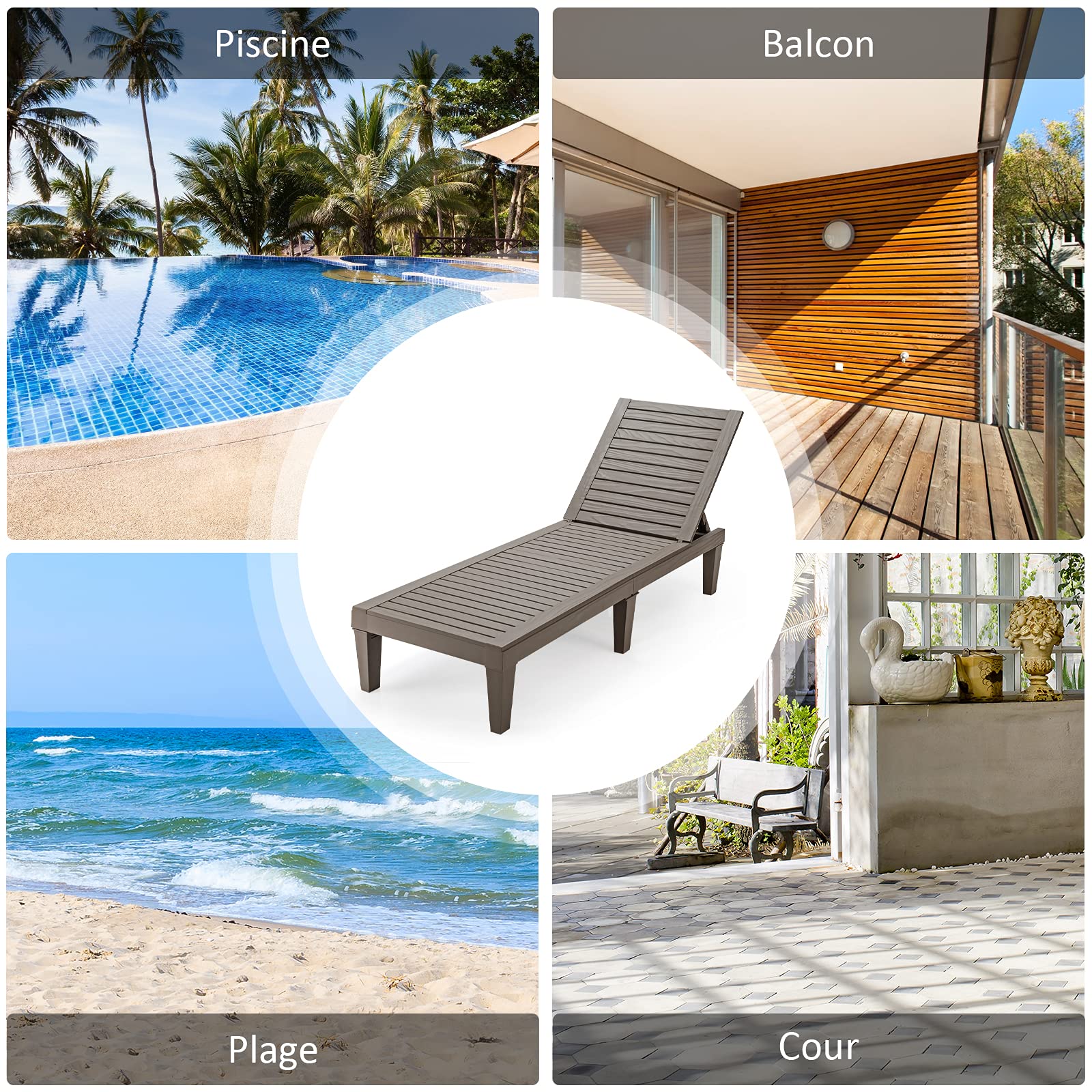 RELAX4LIFE Chaise Longue de Jardin, Bain de Soleil avec Dossier Inclinable sur 5 Positions, Chaise Longue d'extérieur en PP Durable pour Piscine, Terrasse, Plage, 190 x 57,5 x (29-84,5) cm (Café)