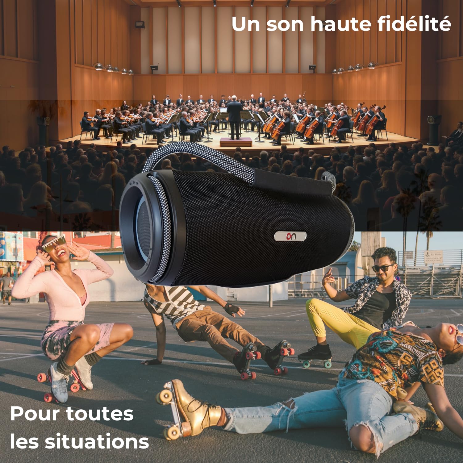 on ON09 – Enceinte Bluetooth Portable Puissante – Basses Profondes – Enceinte Nomade Intérieur Extérieur – USB, Carte SD, AUX – Power Bank – TWS – Lumières RGB – IPX5 – Poignée Cordage Marin