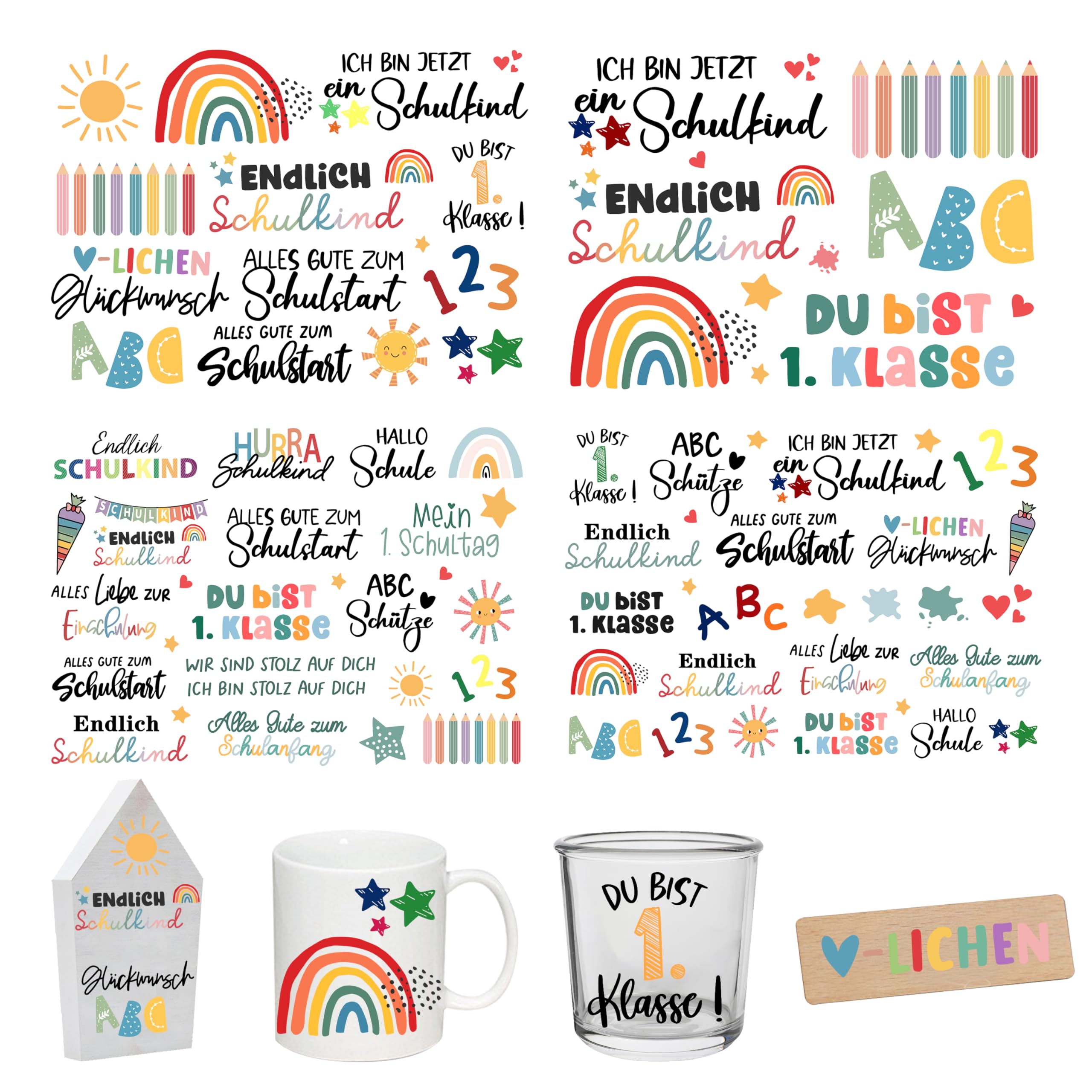 FloraVigo Rub On Sticker ca.A5 19x14cm-Spruch Deko zum Geburtstag, Keraflott, Hochzeit, Zuhause, Wischfolie für Möbel, Glas, Holz, Fotoalbum, DIY Deko, Aufkleberästhetik-(4PCS) (Schulkind)