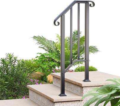 Handrails for Outdoor Steps, 2 Step Wrought Iron Stair Railing Kit Fits 1 or 2 Steps, Metal Hand Rail with Installation Kit, Staircase Handrails for Concrete, Porch, Deck Steps, Black 1-2 Step