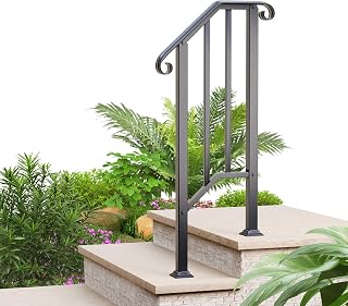 2 Step Handrails for Outdoor Steps, Wrought Iron Stair Railing Fits 1 or 2 Steps, Metal Hand Rail with Installation Kit, Staircase Handrails for Concrete, Porch, Deck, Exterior Steps, Black