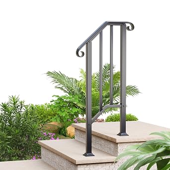 2 Step Handrails for Outdoor Steps, Wrought Iron Stair Railing Fits 1 or 2 Steps, Metal Hand Railing with Installation Kit, Staircase Handrails for Concrete, Porch, Deck, Exterior Steps, Black