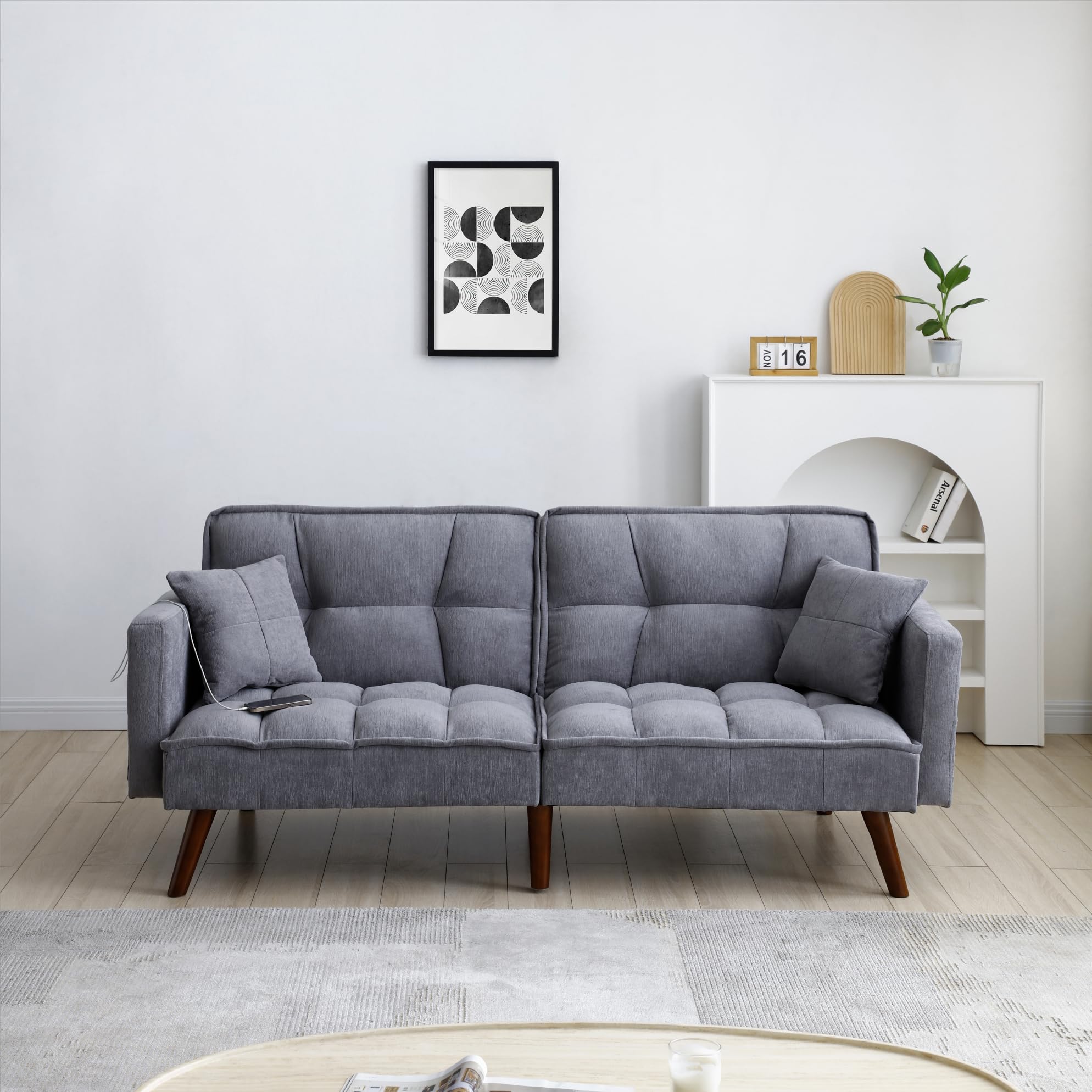 Convertible Futon Sofa Bed 75” Loveseat Sofa with USB Port,Chenille