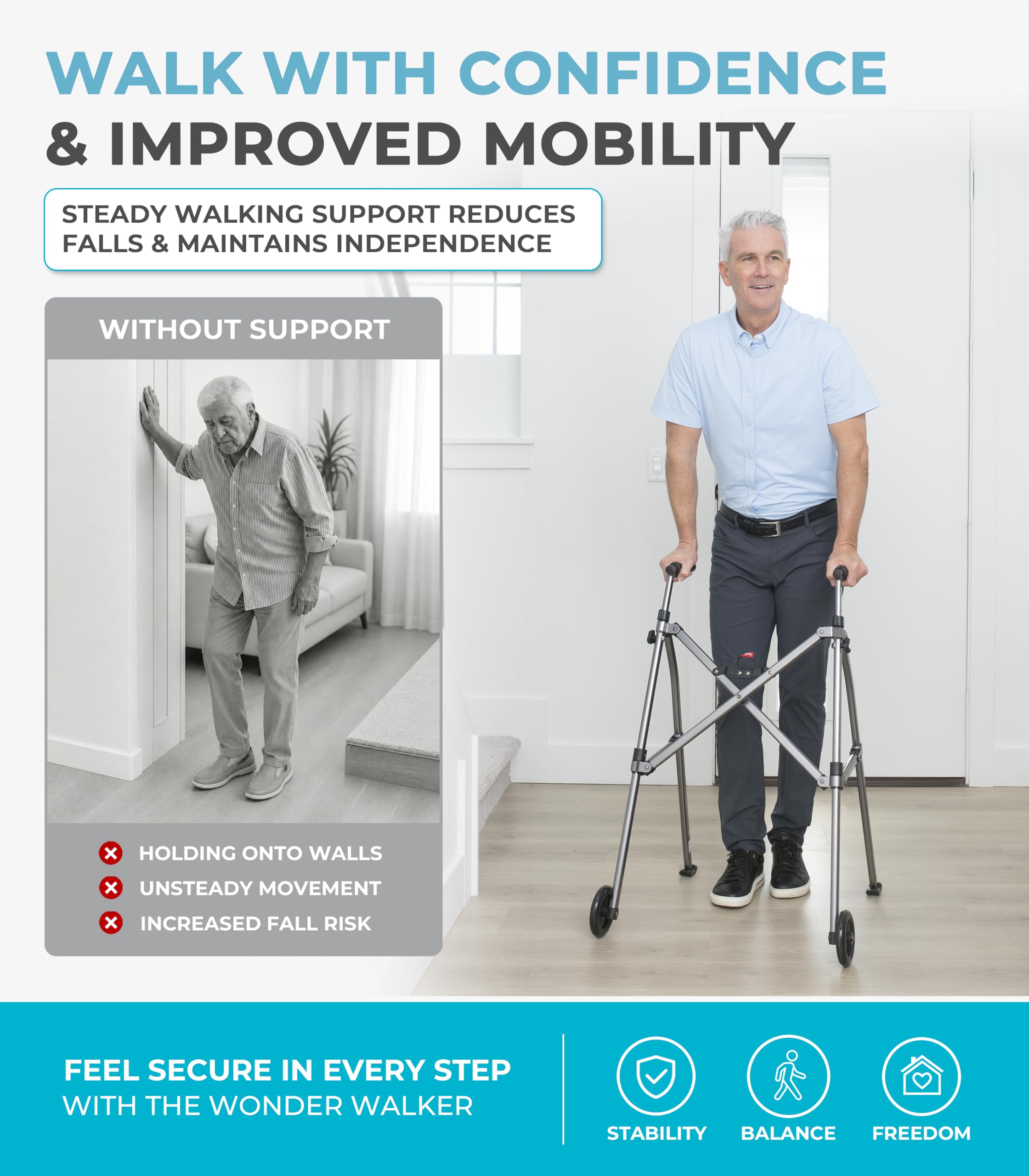 Stander Wonder Walker with 5-inch Wheels, Lightweight Folding Walker for Adults, Seniors, and Elderly, Collapsible Travel Walker, Ski Glides for Mobility Support, Compact, Black Walnut — Amazon image 2