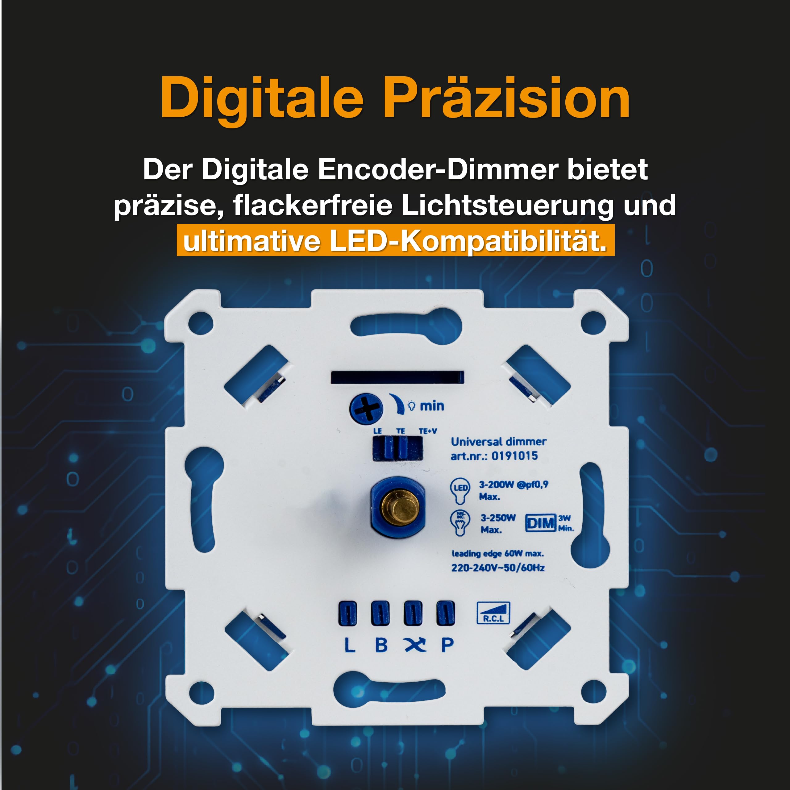LED-Dimmer 3-250W Digital, nur 16 mm Einbautiefe, UP-Drehdimmer zum Dimmen von LED und Halogen 3-250 W kompatibel mit Busch-Jaeger, Gira, Kopp, Merten, Jung, Berker, Phasenanschnitt Phasenabschnitt