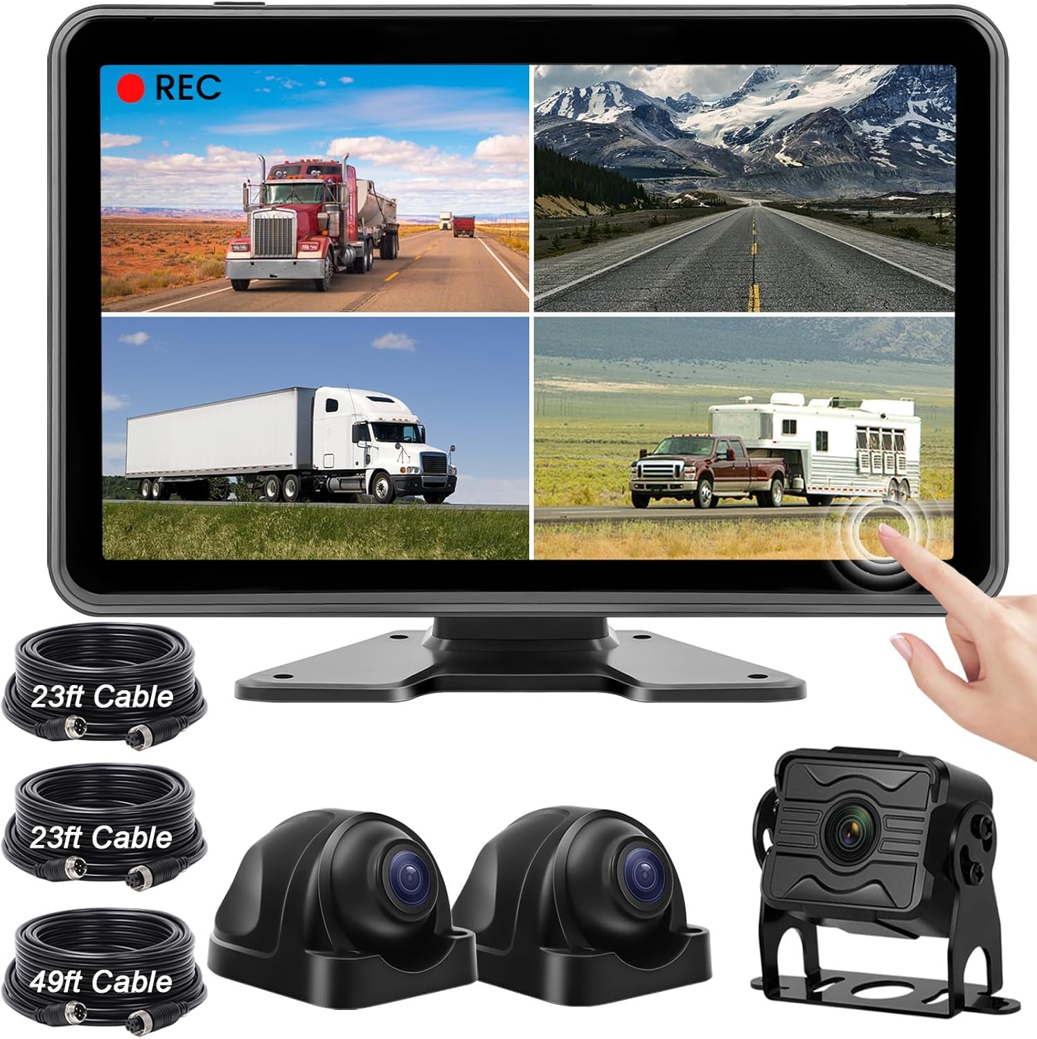 10.1″ Wired Backup Camera System with Touch Screen Monitor for Truck RV Bus Trailer, 3 Reverse Rear View & Side View AHD1080P Camera, Night Vision & IP68,4 Split Screen, DVR Recording,Plug and Play