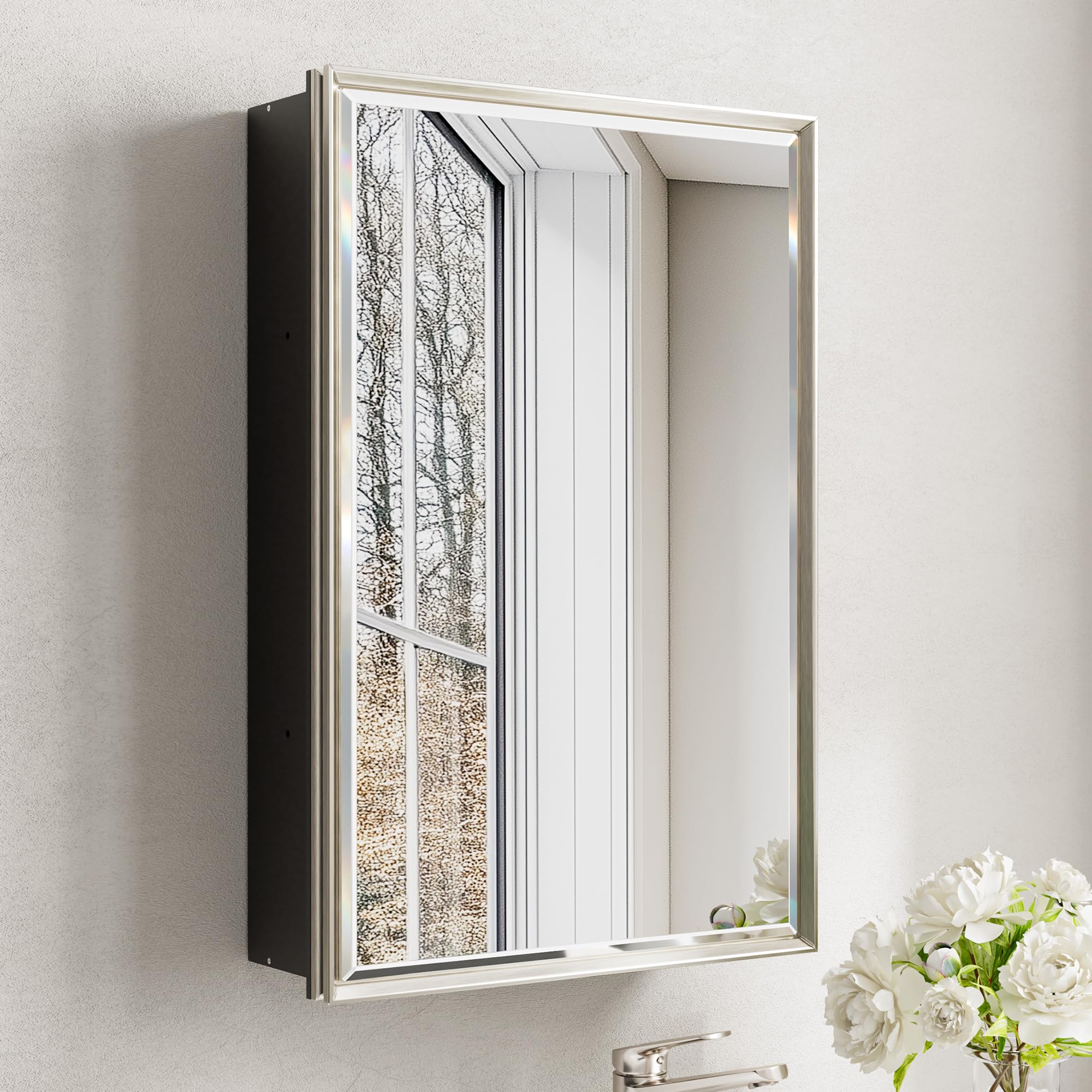 QueenFun Brushed Nickel Medicine Cabinet, 16''x 24'' Recessed or Surface Framed Medicine Cabinet with Beveled Mirror Pre-Assembled, Reversible Bathroom Storage Vanity Cabinet with Adjustable Shelves