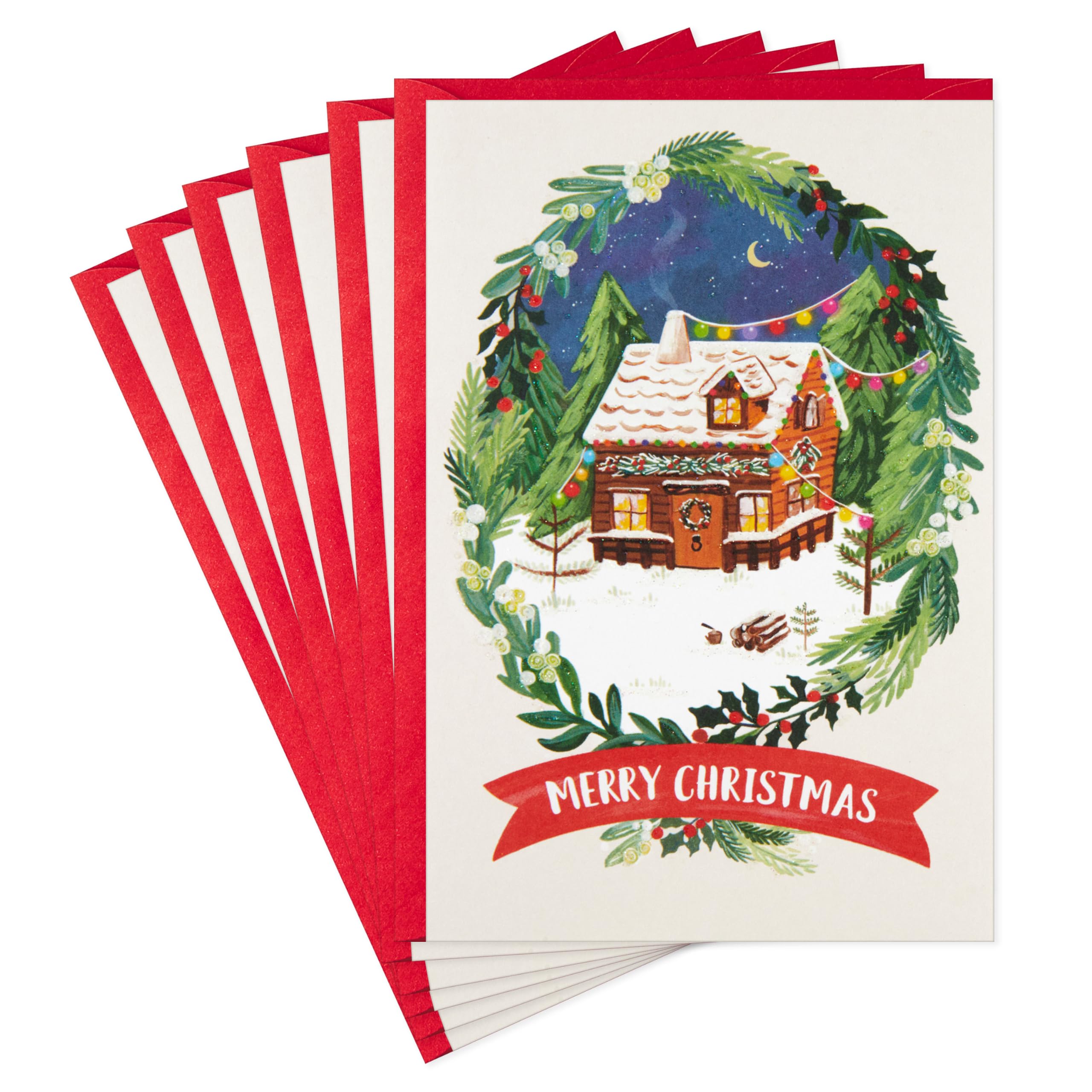 Hallmark Cute Christmas Cards (6 Cards with Envelopes) Snowy Cabin