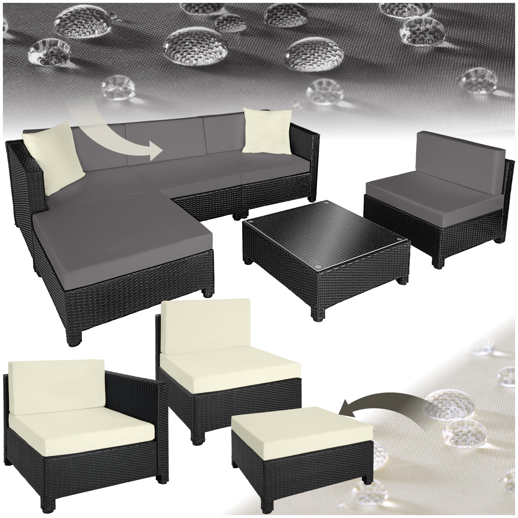 tectake Gartenmöbel Set, Lounge aus Poly Rattan und Aluminium, Balkon Möbel Set mit 10 cm Polsterung und Kissen, ideal für Garten und Balkon, inkl. 2 Sessel, 2 Ecksessel, 1 Tisch, 1 Hocker - schwarz
