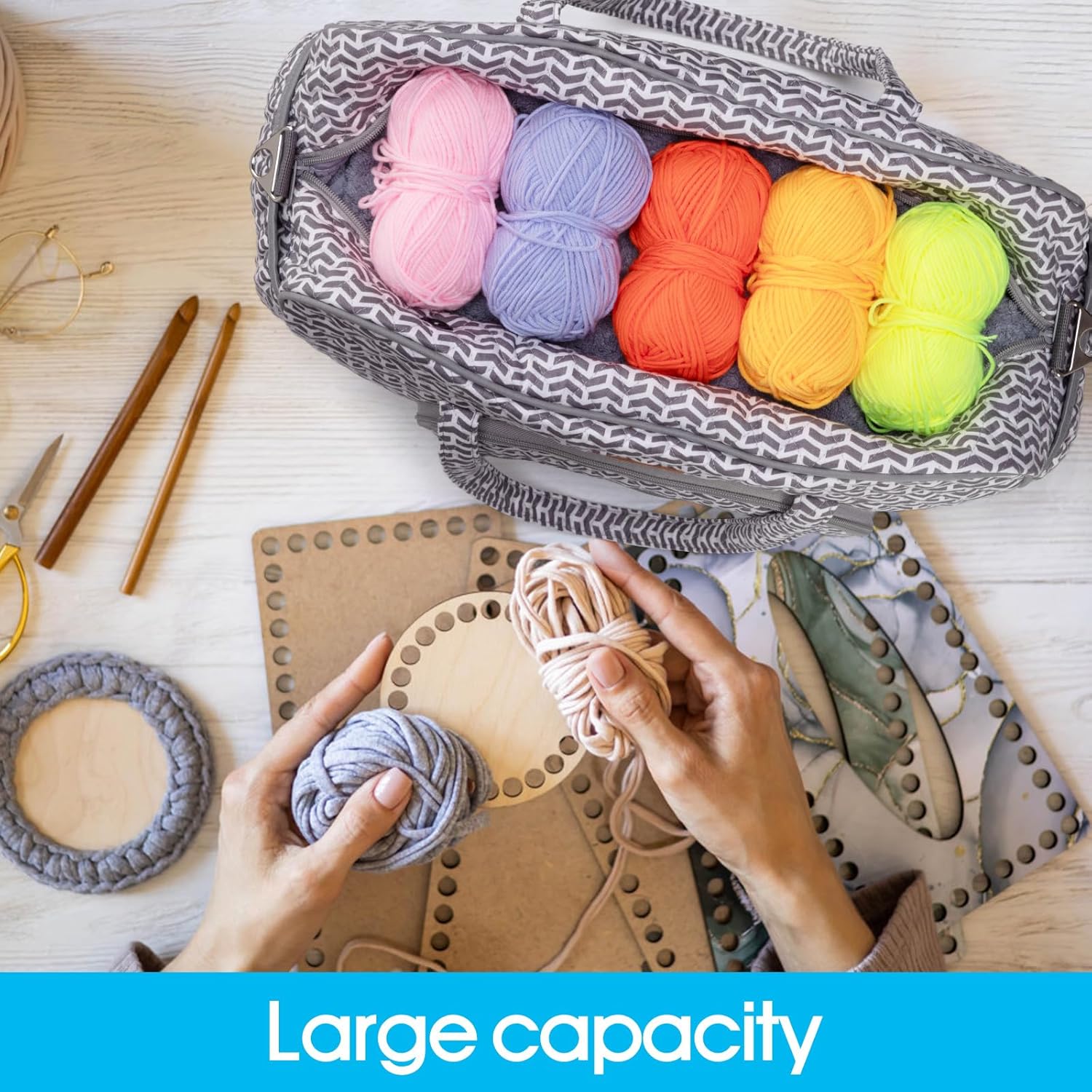 Yarn Storage Organizer, Knitting Crossbody Bag, Large Crochet Tote Bag Yarn Holder Case for Carrying Projects, Knitting Needles, Crochet Hooks and Other Accessories (Gray-Arrow)