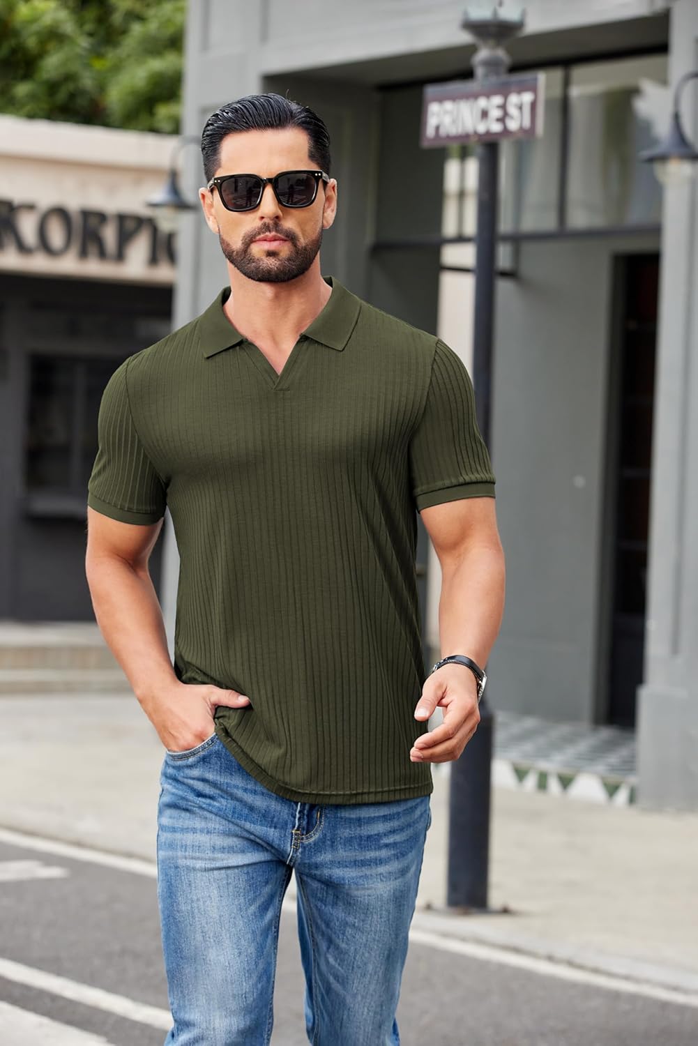 COOFANDY Men's Ribbed Polo Shirts Short Sleeve V Neck Slim Fit Polo T-Shirt Casual Summer Collared Golf Shirt - Image 2