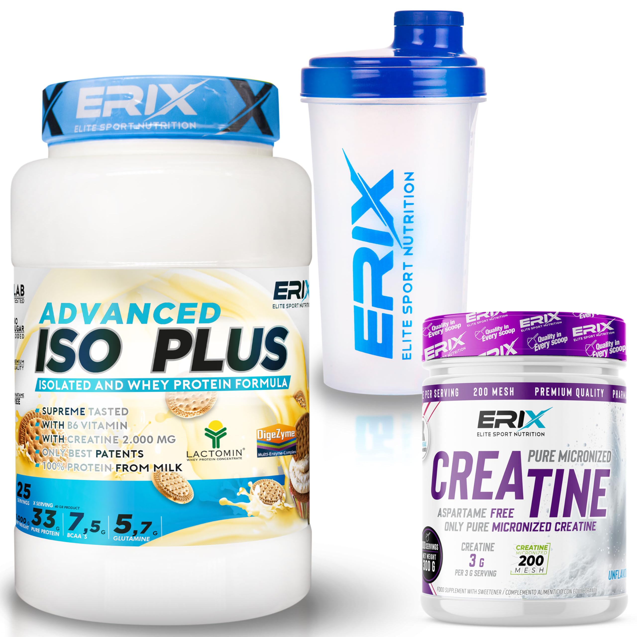 ERIX Nutrición Pack ISO Advanced Plus 1kg+ Creatina Monohidrato 300g+ Shaker, Proteína Aislada Isolate para Recuperación y Crecimiento Muscular, Musculación (Galleta)