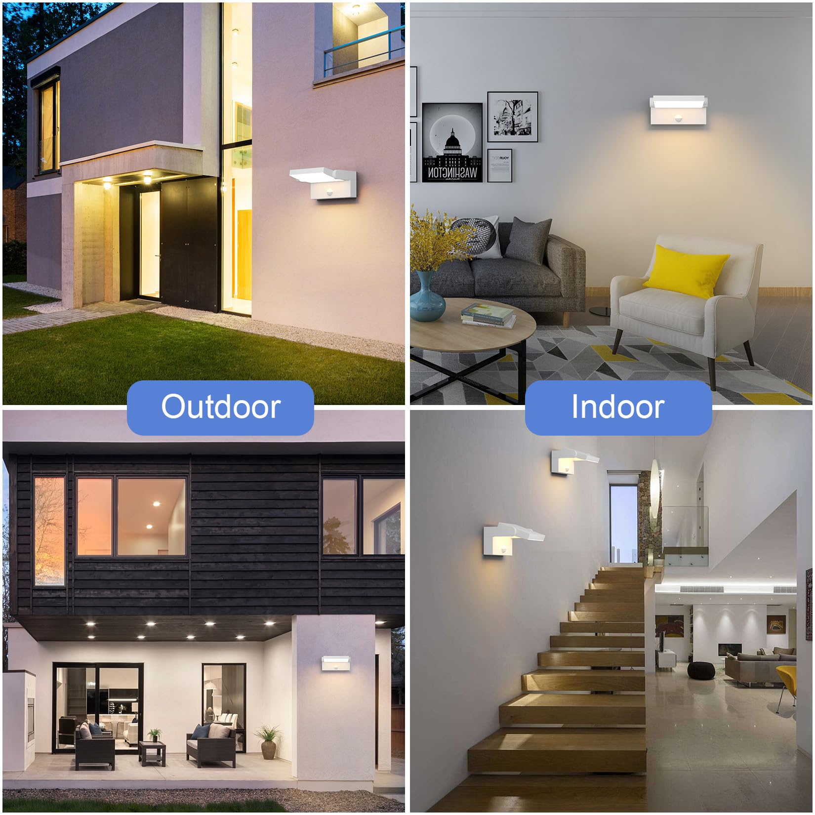 Klighten 2 Pezzi 24W Applique Esterno/Interno con Sensore di Movimento, LED Lampade da Parete Orientabile IP65 Luci da Parete Alluminio per Giardini Ingresso Terrazza, Bianco, Bianco Caldo 3000K