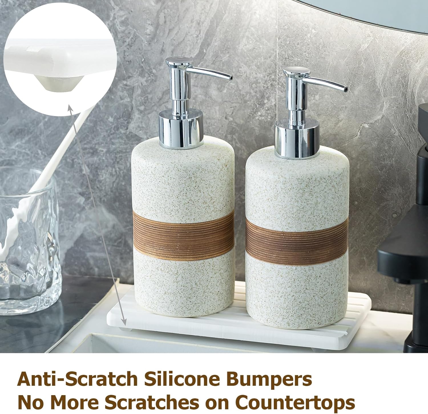 2-Pack Ceramic Soap Dispensers Set, Includes Stainless Steel Pump, Silicone Funnel and Diatomaceous Tray, Hand Soap, Dish Soap, Shampoo and Conditioner Dispenser for Bathroom & Washroom, White - Image 7