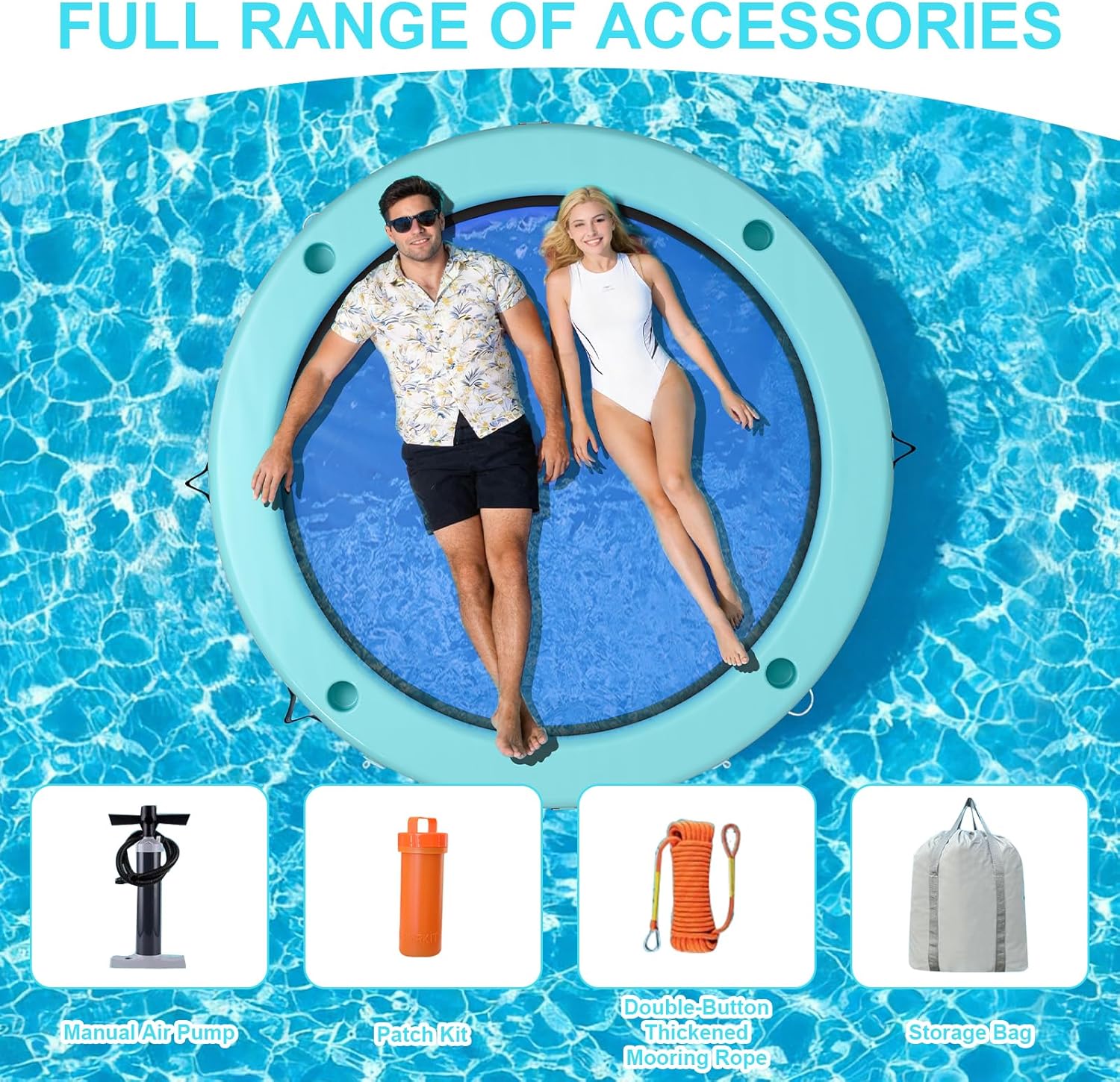 Sunchill Float Ring with 6 Cup Holders, Inflatable Water Hammock Heavy Duty Lake Floats for Adults Party, Round Floating Island Lounge Platform Raft for Tanning Pool River