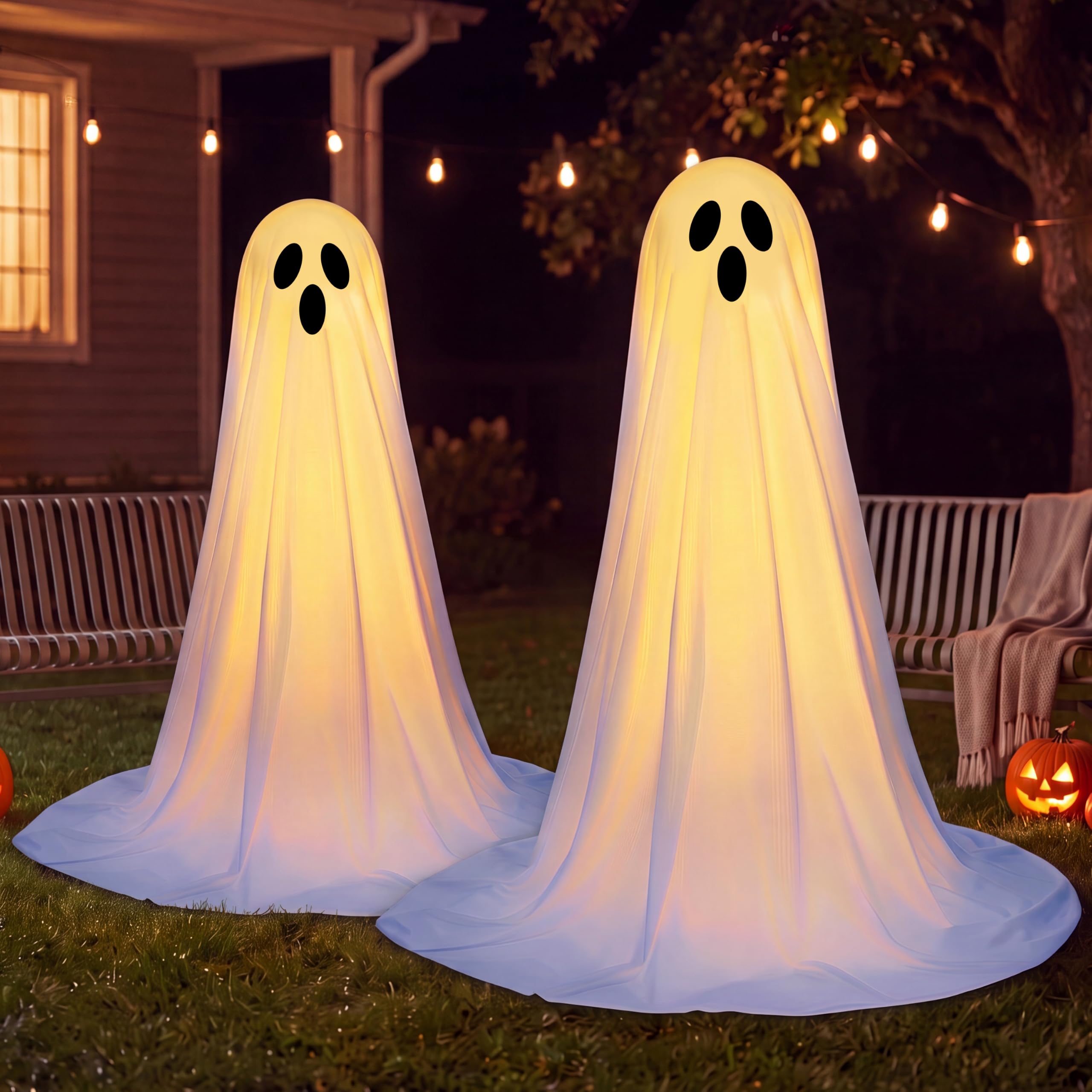 JOYIN Dekoracje halloweenowe na zewnątrz, stojący, duch, dekoracja na Halloween, z ciepłymi łańcuchami świetlnymi i timerem, na podwórko, werandę, trawnik, ogród, artykuły imprezowe