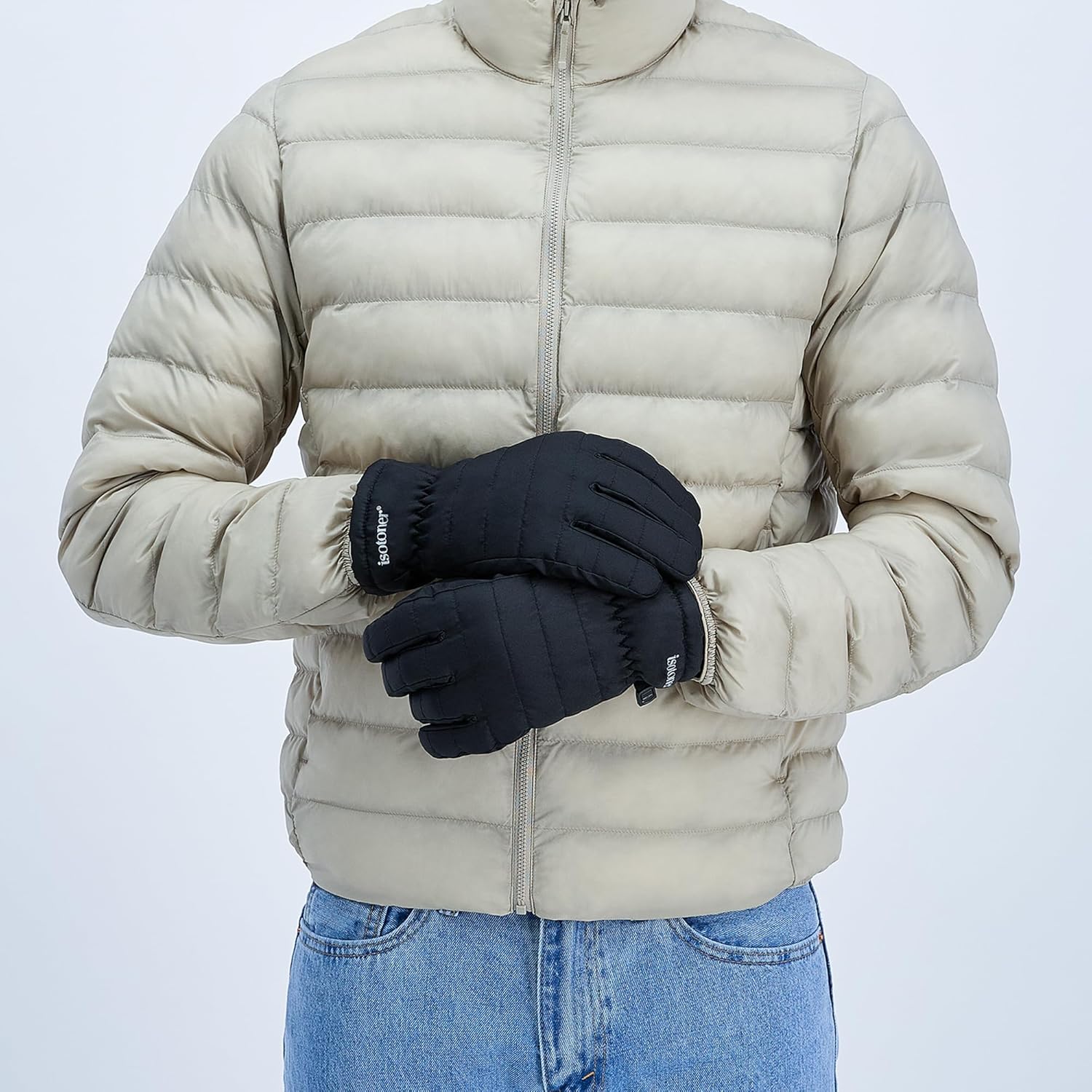 isotoner mens Water Repellent Lined Neoprene Grip Touchscreen Gloves With Zipper - Image 7