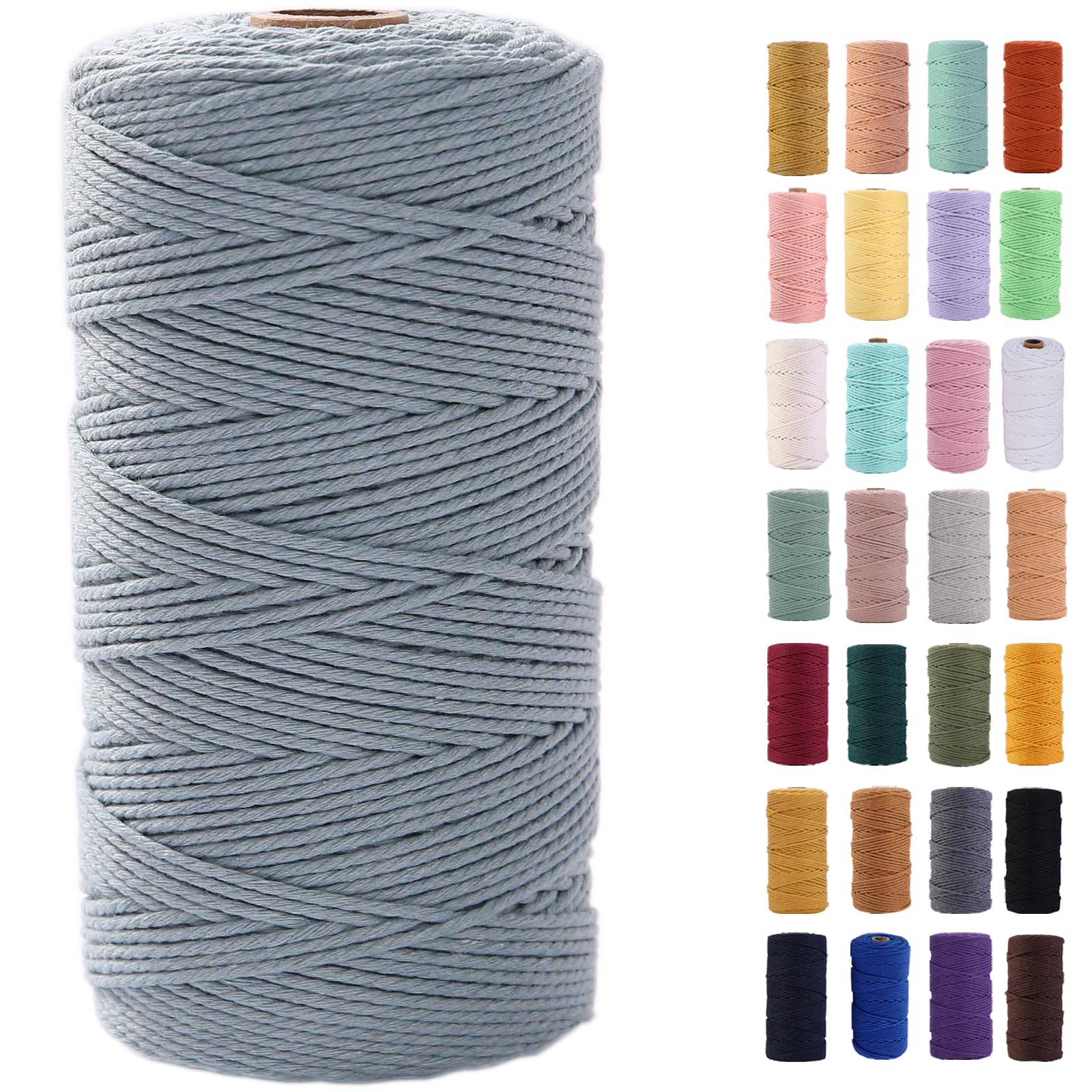 Grayish Blue Macrame Cord 2mm x 220Yards, Cotton Rope for Wall Hanging, Plant Hangers, Crafts, Decorative Projects - Soft Colorful Twine