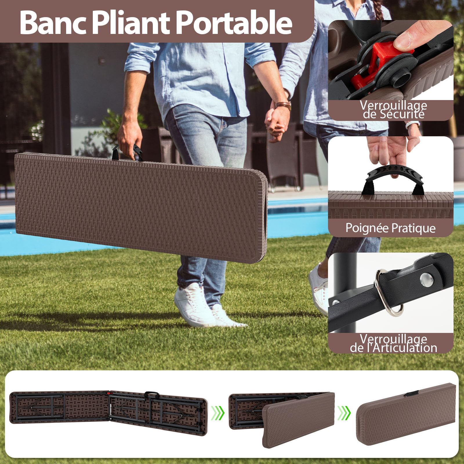 COSTWAY Banc Exterieur Jardin Pliable en HDPE pour 3 Personnes | Charge 300 kg, Banc de Jardin, Verrouillage de Sécurité, Poignée, Banquette pour Piscine Camping Fête (Café)