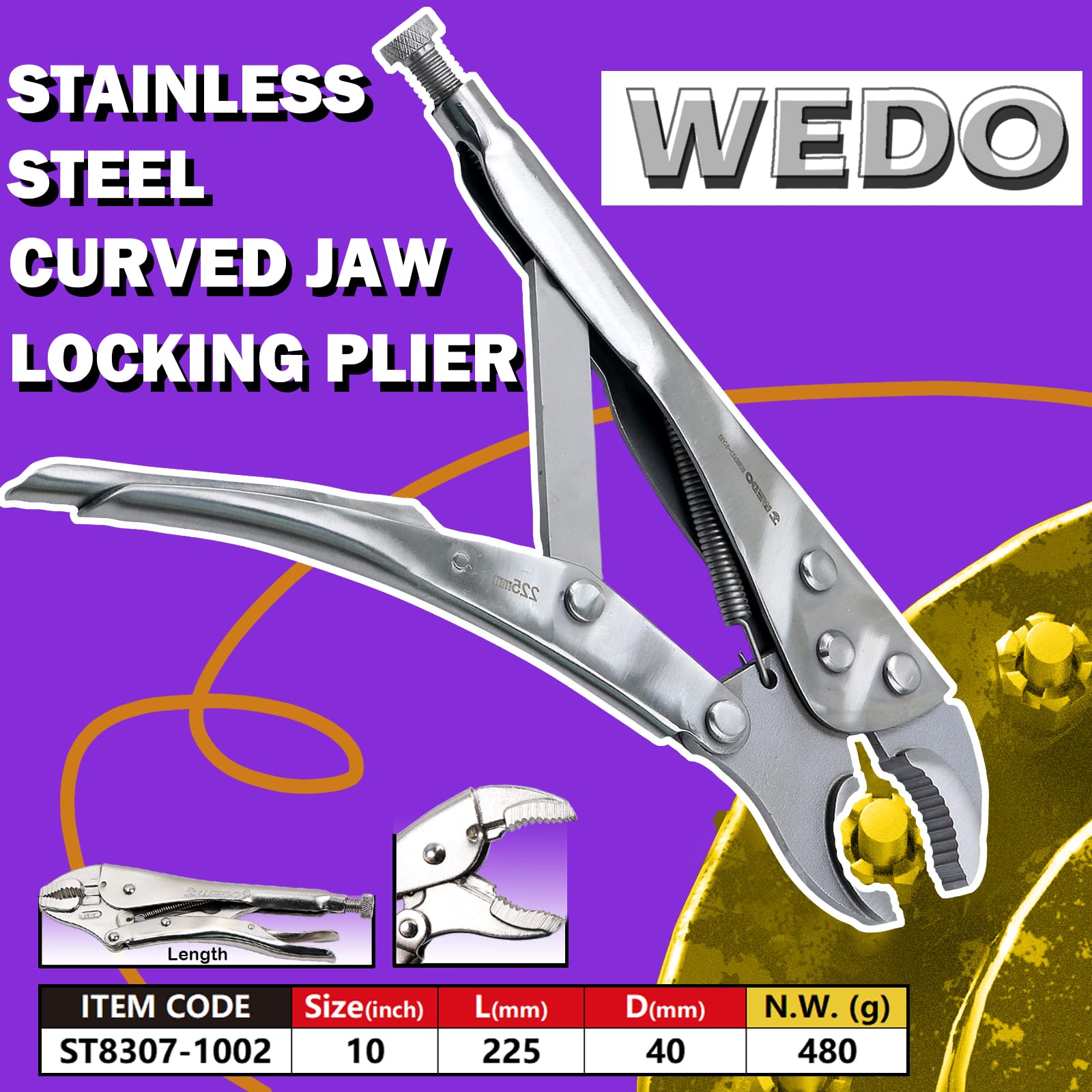 WEDO Stainless Steel Locking Pliers 10" Curved Jaw, Vice-Grip Locking Pliers with Wire Cutter for Tightening Clamping - Image 2