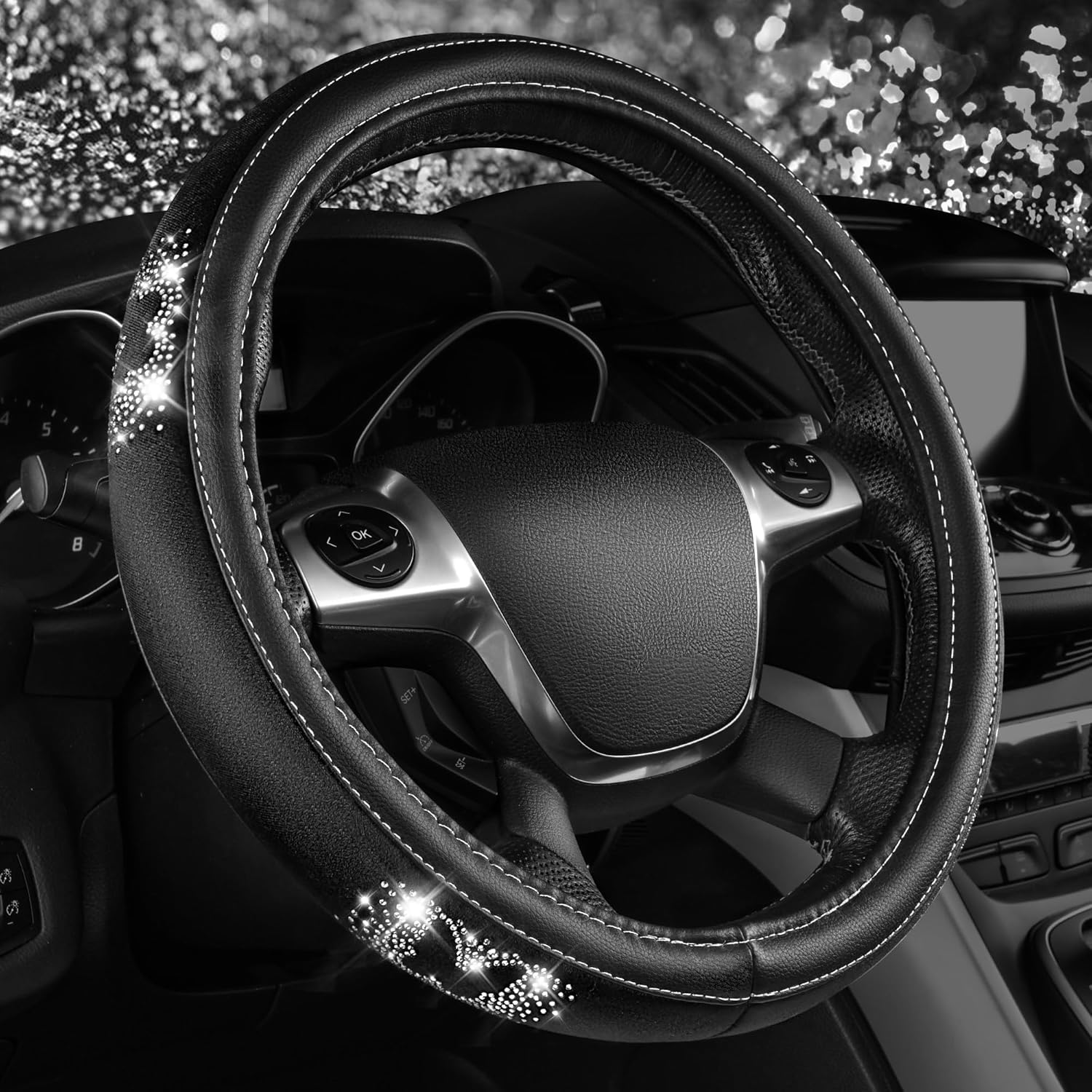 CAR PASS Bling Diamond Butterfly Car Seat Covers, Black Velvet Leather Butterflies Front Seat Covers Set for Women Girl, Rhinestone Butterfly 14.5-15'' Steering Wheel Cover, Glitter Car Interior Sets