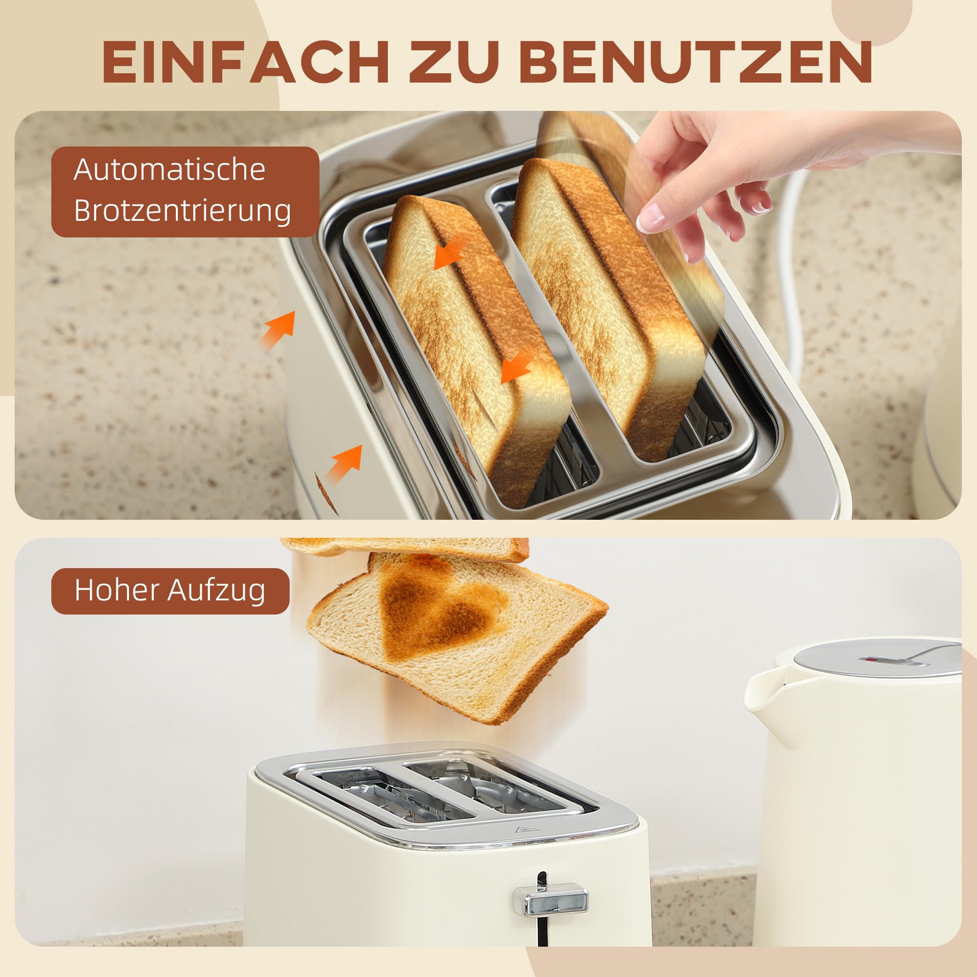 HOMCOM Hervidor Tostador 2200 W 1.7L Hervidor, tostador de 2 discos, 6 niveles de tostado, recalentar y descongelar, set de desayuno con termostato UK Otter, filtro antical y bandeja recogemigas Beige