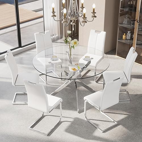 Miniatura 7 de Juego de 6 sillas de comedor modernas de piel sintética con respaldo alto y patas de metal plateado para cocina, comedor, color blanco Blanco con