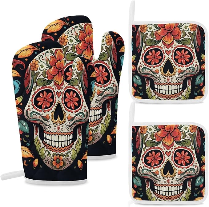 4 Pcs Oven Mitts and Pot Holders Set Kitchen Oven Gloves Heat Resistant Potholders Non-Slip Hot Pads Colorful Sugar Skull Oven Mits for Cooking Baking Grilling