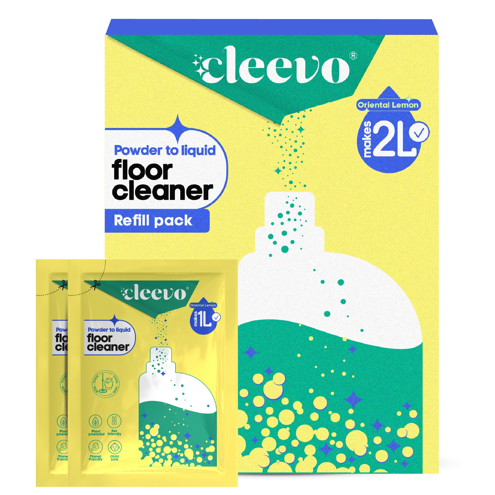 Cleevo Floor Cleaner Liquid (2L Refill Pack) | 1 Pouch = 1L Natural Disinfectant Floor Cleaners for Mops | Chlorine-Free Surface Cleaner, Eco-Friendly All-Purpose Floor Cleaning Liquid (Zesty Lemon)