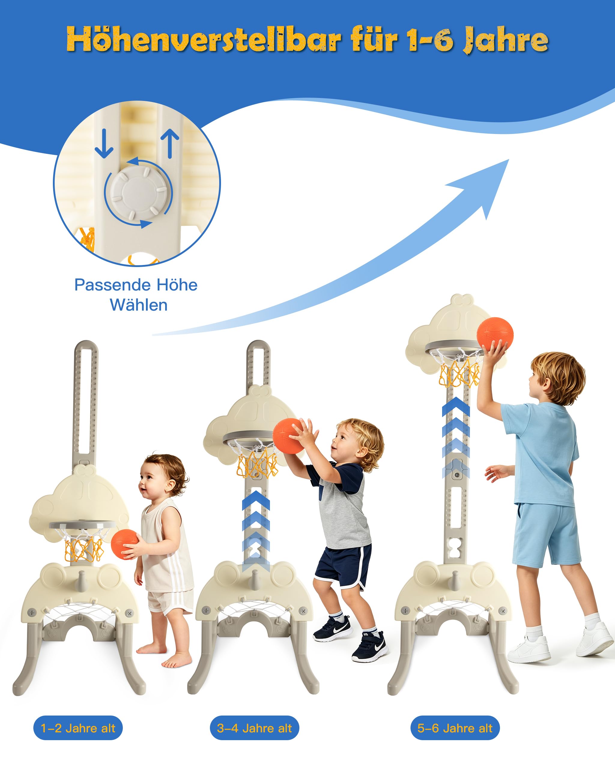 4 in 1 Kinder Basketballkorb Indoor - Basketballständer mit Basketball, Fußball, Golf, Ringwurf, Höhenverstellbarer 78-142cm, Outdoor für Kinder ab 1-7 Jahren, Garten Geschenk Spielzeug