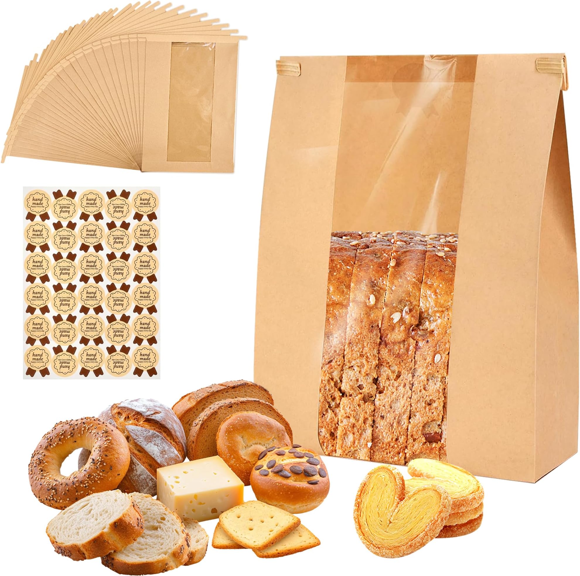 30 Pack Paper Bread Bags with Window and Tin Tie,13.7 x 8.3 x 3.5 In,Sourdough Bread Bags for Homemade Bread,Cookie, Snack,Candy Packaging with Handmade Label Stickers (30)