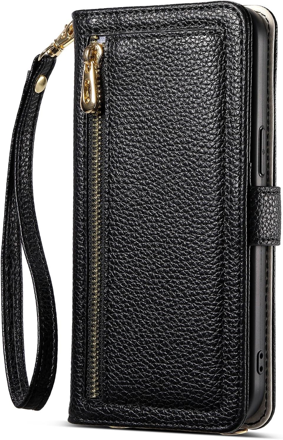 Wallet Case for iPhone 16e with Card Holder Wrist Strap Mirror, PU Leather Magnetic Flip Zipper Phone Cover - Black