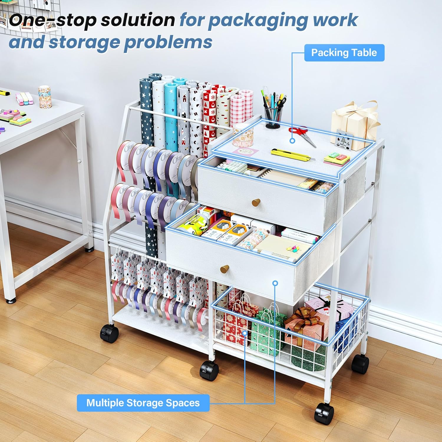TC-HOMENY Wrapping Paper Organizer Storage Cart,Ribbon Organizer and Gift Wrap Rack with 2 Large Drawers, Blueprint Poster Holder, Craft Organizer, Christmas Paper Storage Containers with Wheels