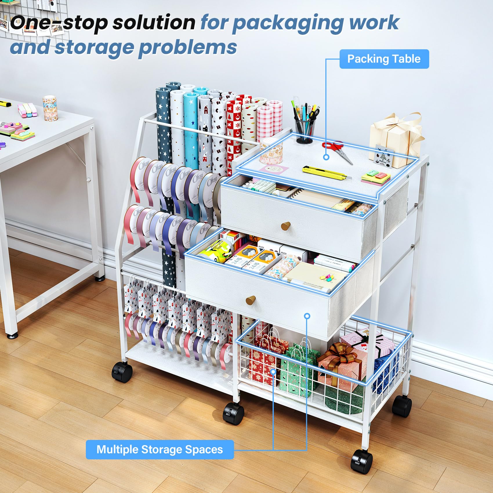 TC-HOMENY Geschenkpapier-Organizer mit Rädern, Blaudruck