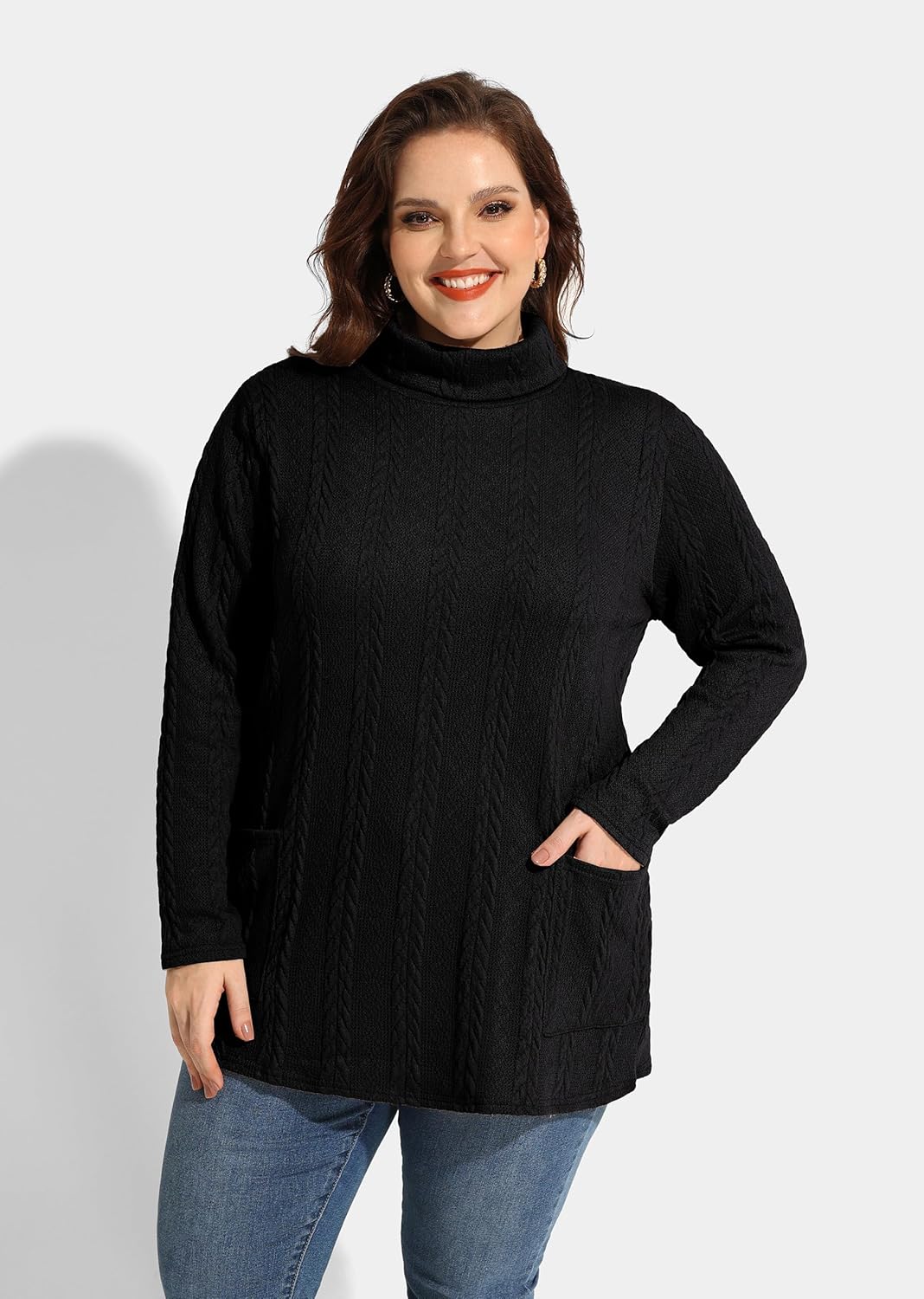 TIYOMI Plus Size Sweaters for Women Long Sleeves Cable Knit Turtleneck Top with Pockets Solid Lightweight Pullover Top Xl-5Xl - Image 2