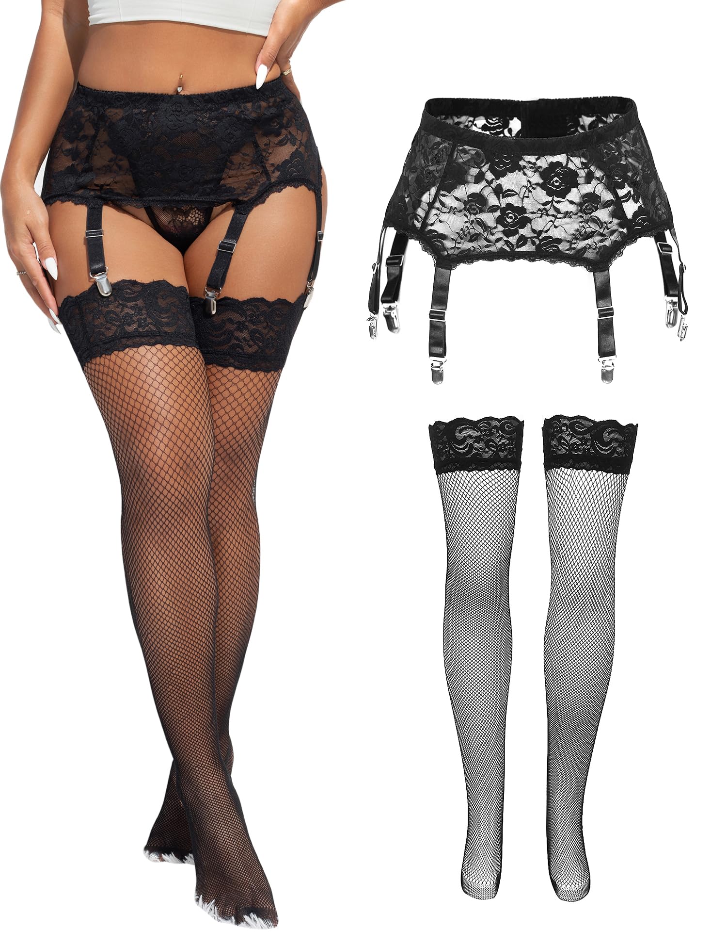 ohyeah 6-Strap Easy-Use Clip Lace Garter Belt for Thigh Highs Stockings | Stockings Suspenders, Garter Belts, Plus Size Garters Lingerie for Women, XS-4XL, Adjustable Fit, Wedding Underwear Panty