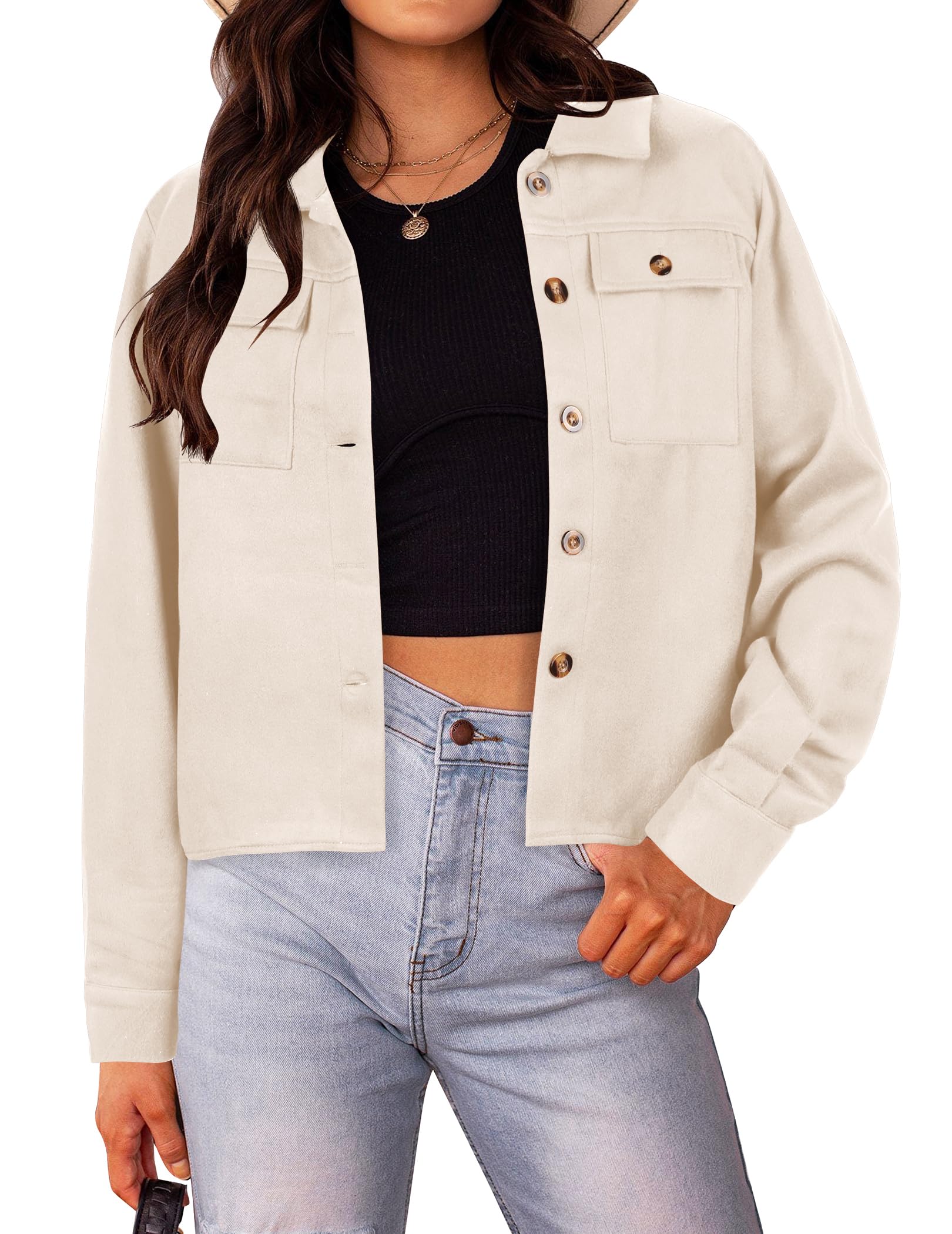 HOTOUCHWomen Fashion Cropped Shacket Button Down Trendy Shacket Jackets Casual Long Sleeve Crop Shirts Jackets Tops