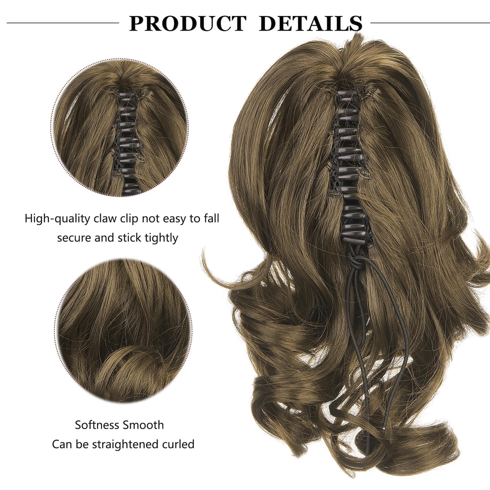 Cybelleza 14 inch Ponytail Hair Extension Curly Wavy Claw Jaw on Long Short Cute Pony Tails Clip in Hair Extensions Ponytail Hairpieces Synthetic for Women Golden Brown - Image 2