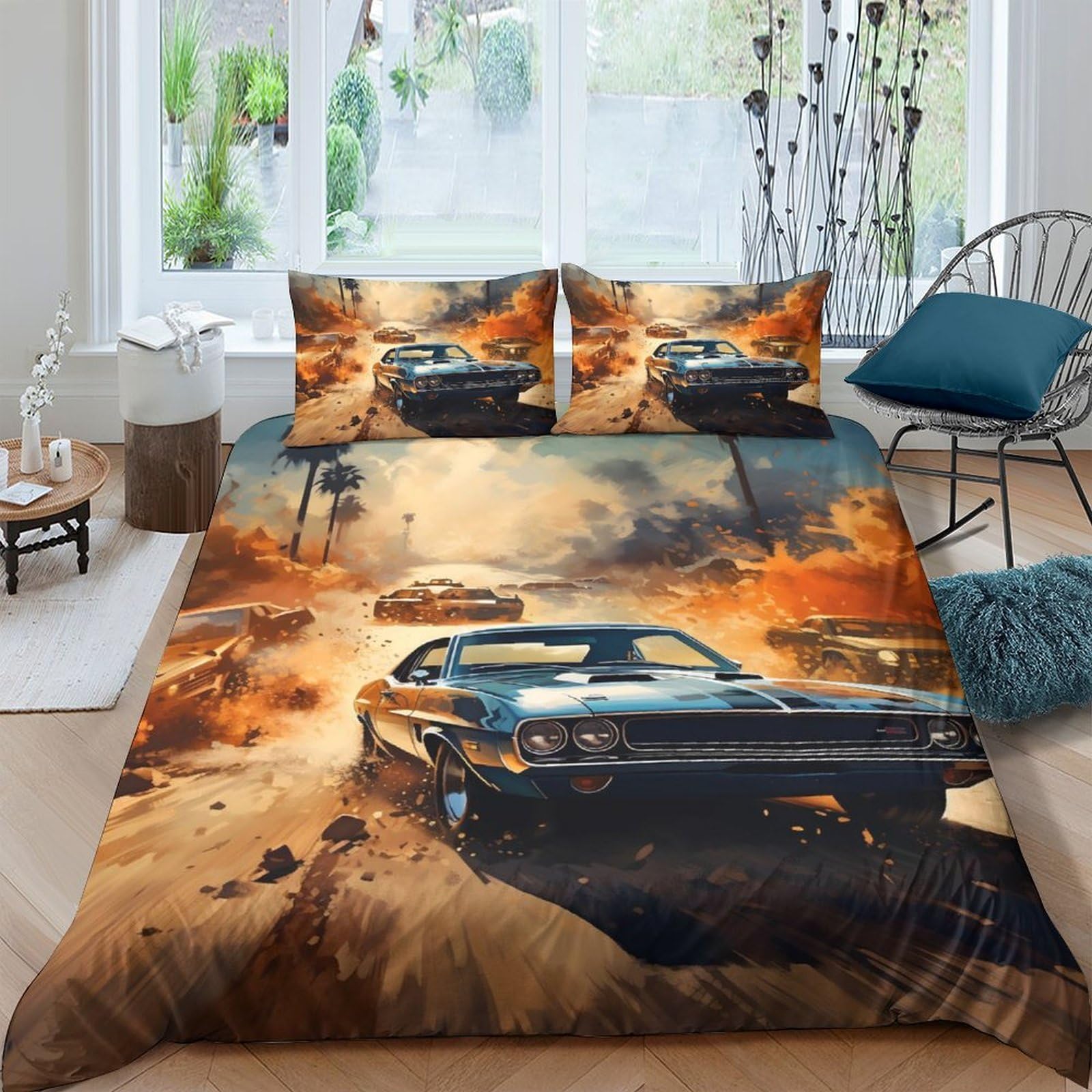 GPLZQXKJNH 3D Printed Classic Muscle Car Duvet Cover Microfiber Soft Breathable Sunset Road Bedding Set with 2 Pillowcases for Bedroom Decor Single（135x200cm）