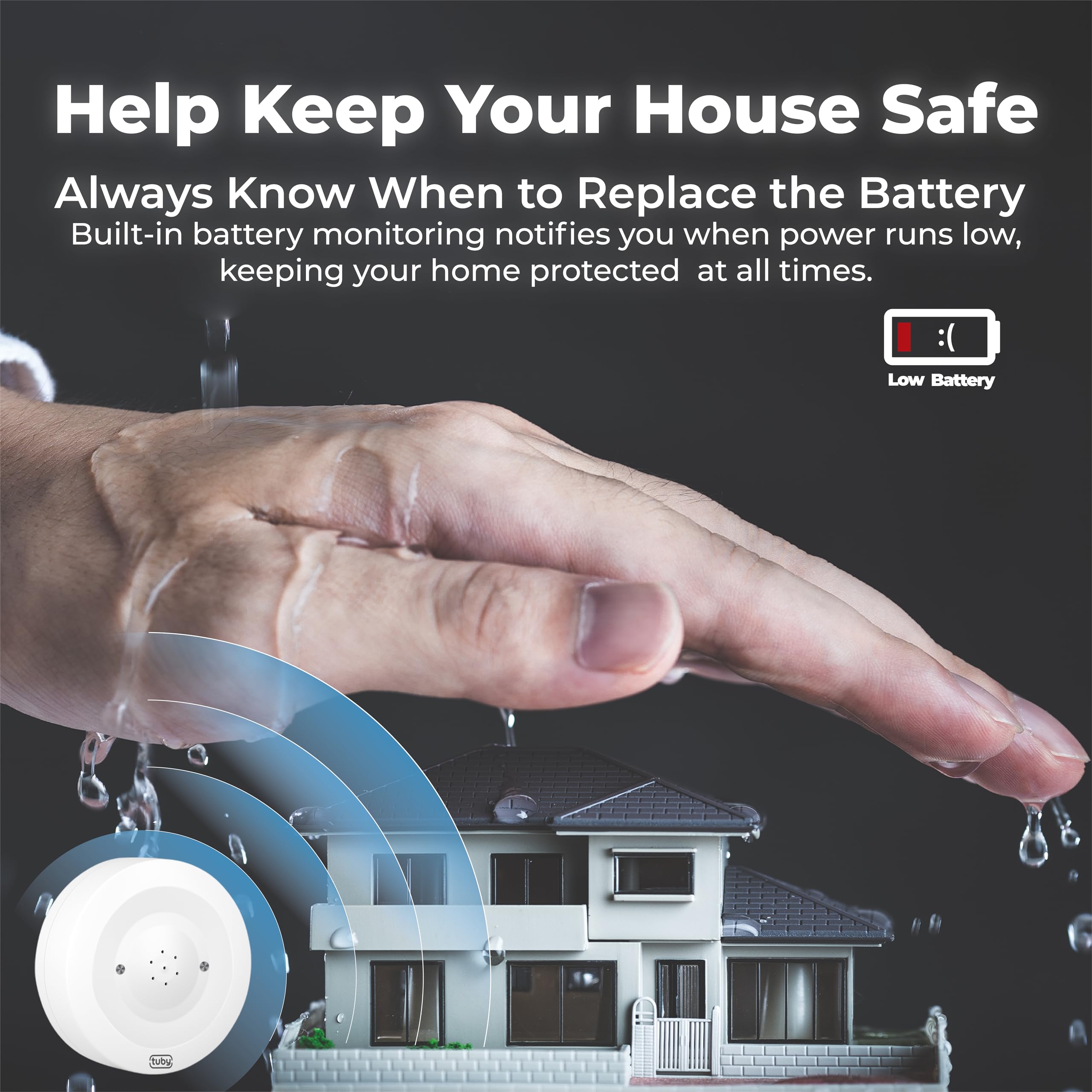 TUBY Detector de fugas de agua WiFi, no requiere concentrador, fácil instalación, sensor inteligente para el hogar, sótano, cocina, baño, sensor de humedad, inalámbrico, IP55, 80 dB, alarma de