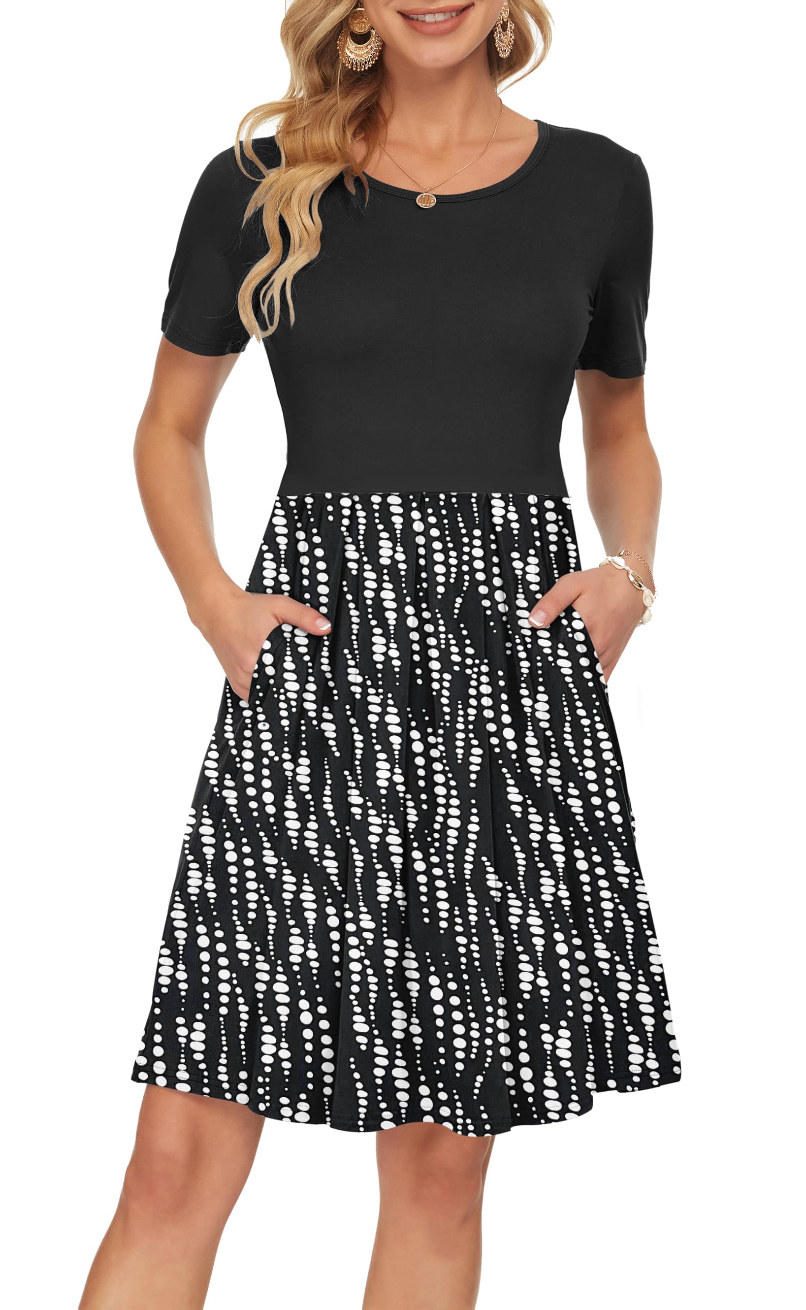 AUSELILY Women's Short Sleeve Pleated Swing Summer Dress with Pockets