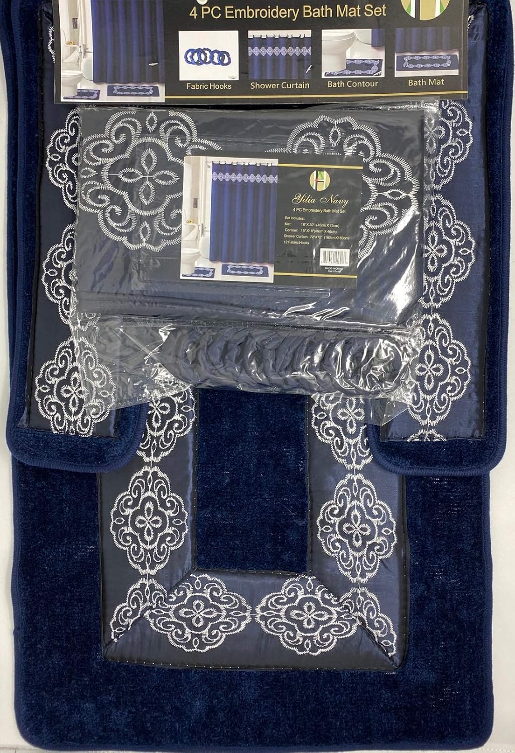4 Piece Bathroom Rugs Set/Non Slip Navy Blue Print Bath Rug Toilet Contour mat with Fabric Shower Curtain and Matching Rings (Yila Navy)