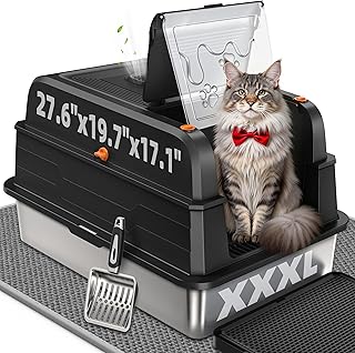 CATLIKE XXXL 스테인리스 스틸 고양이 배변 상자 - 3겹 소변 누출 방지, 밀폐형 디자인, 메인 쿤 및 멀티 캣 가정용, 금속 스쿱 및 초대형 매트 포함 (2026 업그레이드)