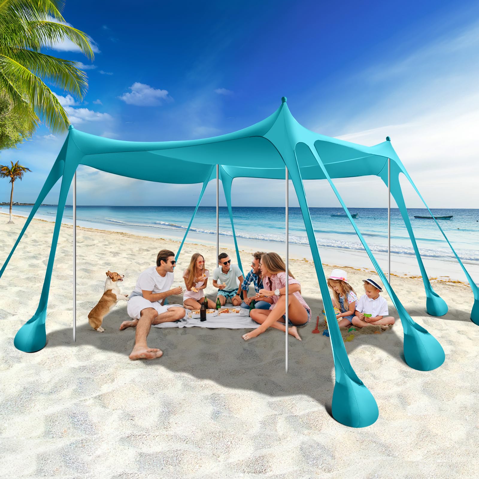 Rhino Valley 3x3m Tenda da Spiaggia Ultra Stabile Portatile, Protezione UV UPF50+ Tenda da Mare Super Antivento con 8 Ancoraggi a Sabbia Riempibili e 4 Aste in Alluminio