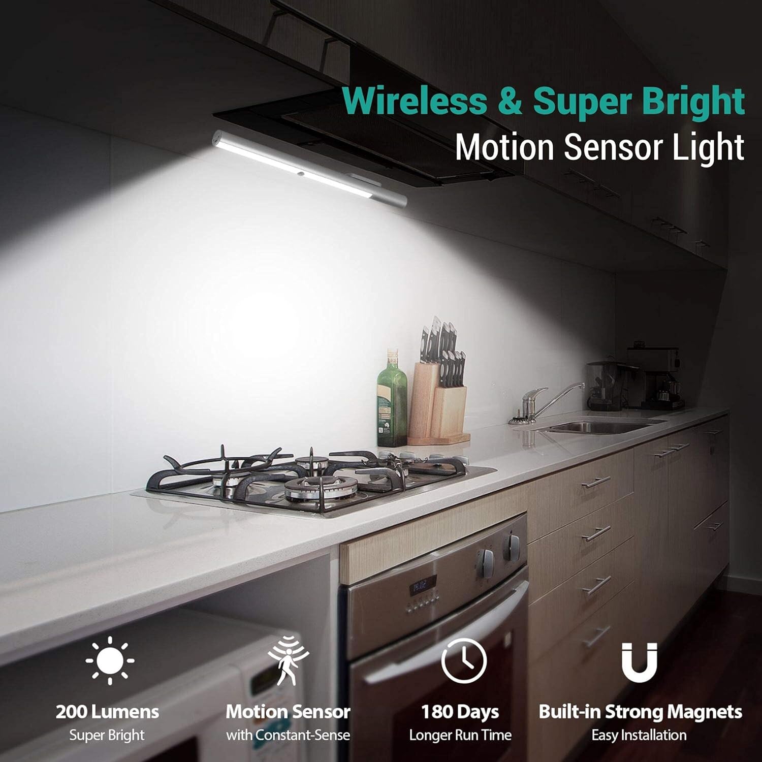 BLS LED light installed under a kitchen cabinet, illuminating the countertop. Icons highlight 200 lumens, motion sensor, 180 days run time, and built-in magnets.