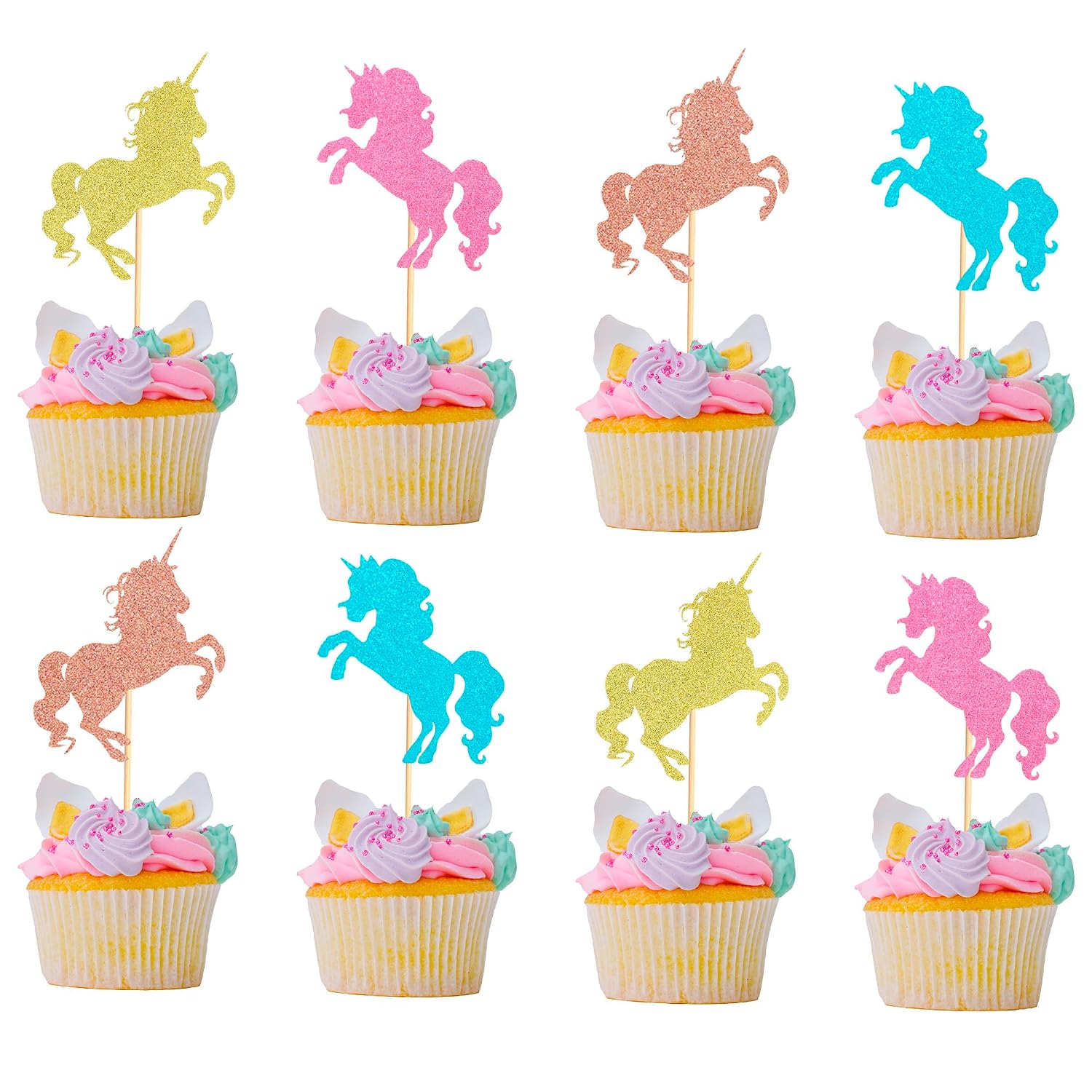 24Pcs Unicorn Cupcake Toppers Colorful Unicorn Horse Cupcake Food Picks Baby Shower Wedding Kids Birthday Party Cake Decorations Supplies – 4 Colors Glitter