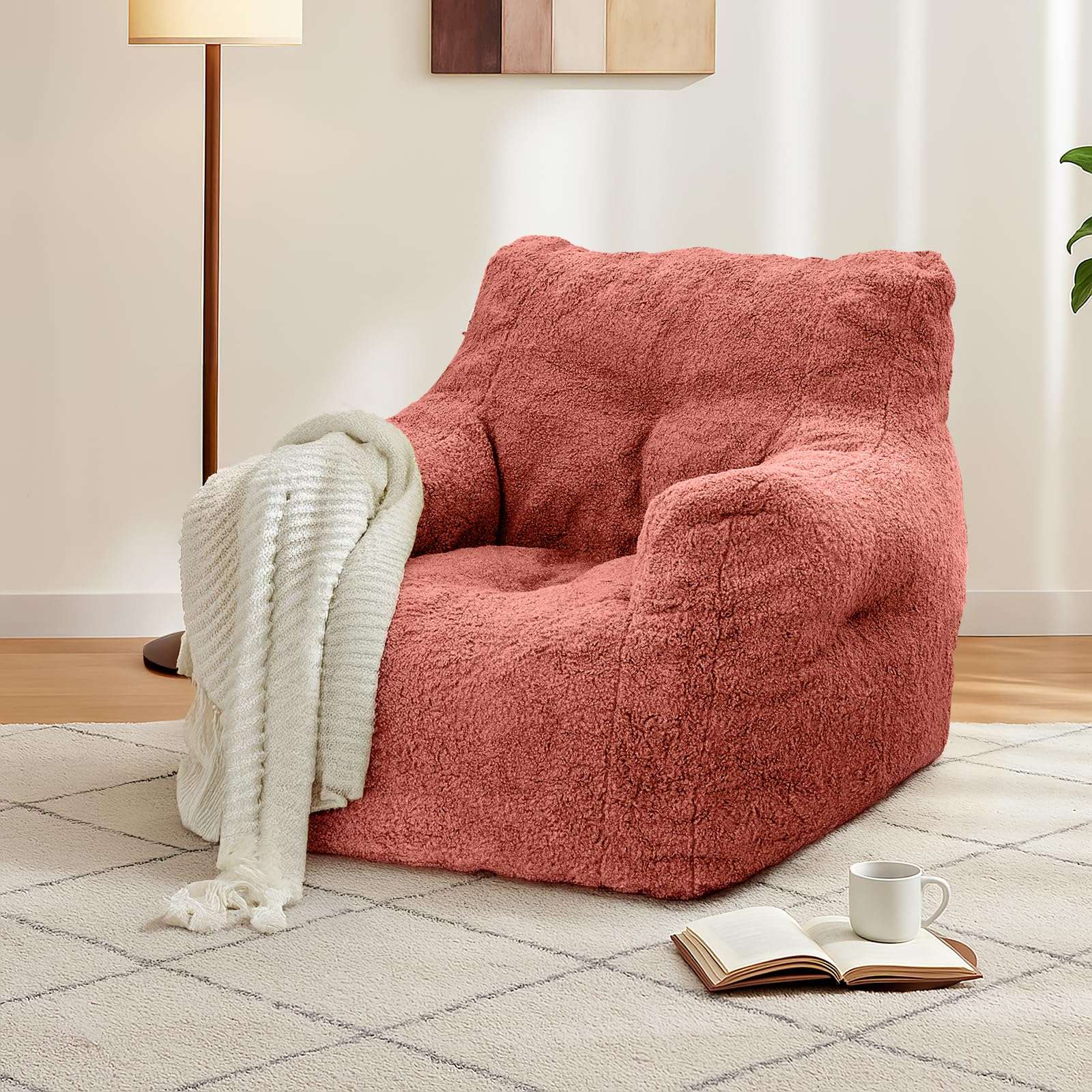 Cvortll Set of 2 Sherpa Bean Bag Chairs for Adults – Fluffy Tufted Memory Foam Lounger, Comfy Lazy Chair for Living Room, Bedroom, Dorm & Apartment, Red